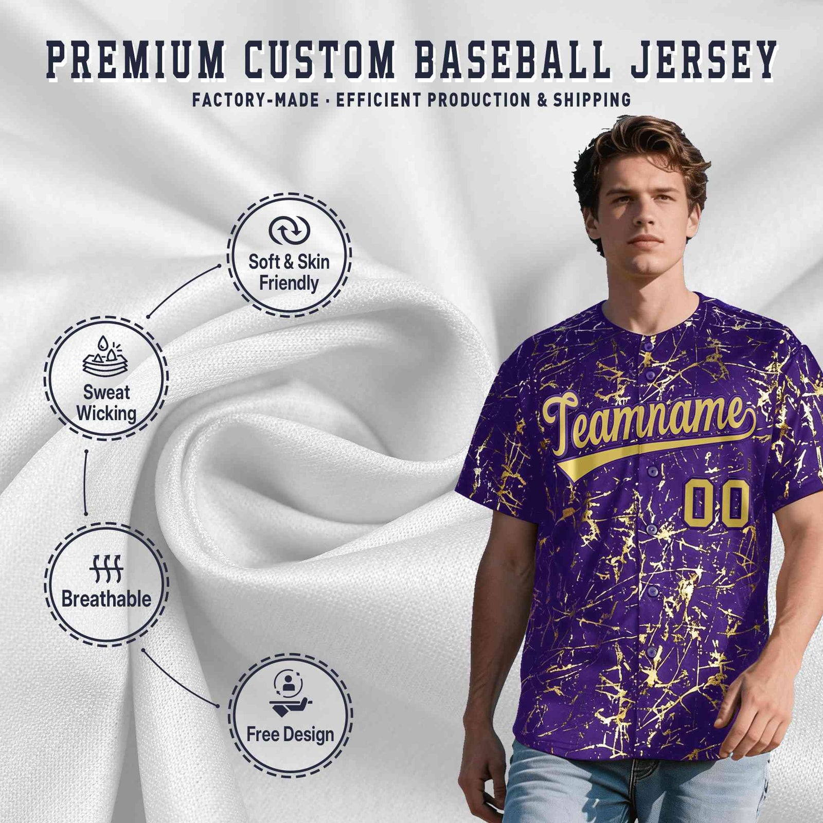 Custom Purple Old Gold Black&Shiny Gold Cracked Foil Hip Hop Button Down Baseball Jersey| KXKSHOP