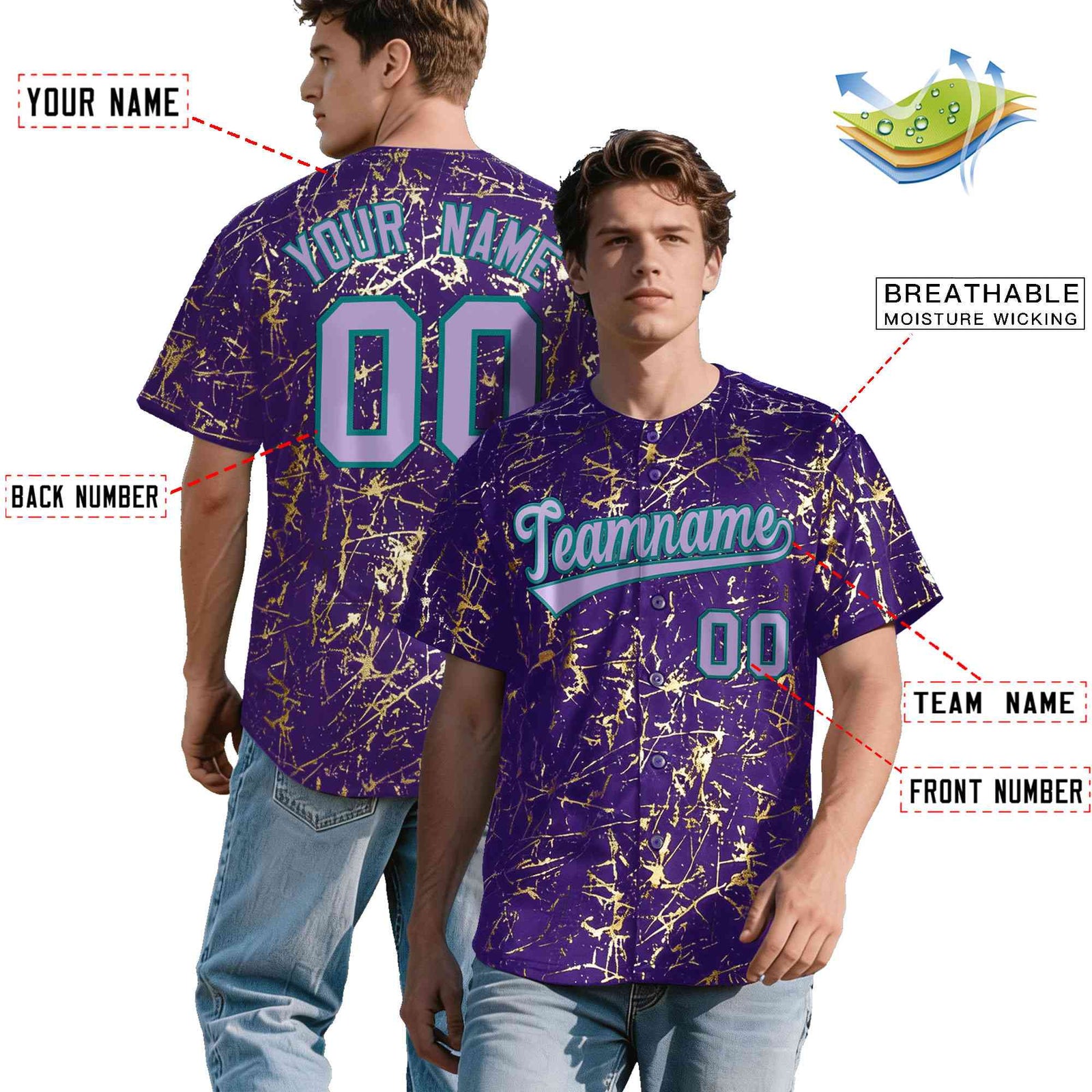 Custom Purple Light Purple Metallic Gold Splatter Breathable&Wrinkle-Resistant Baseball Jersey| KXKSHOP
