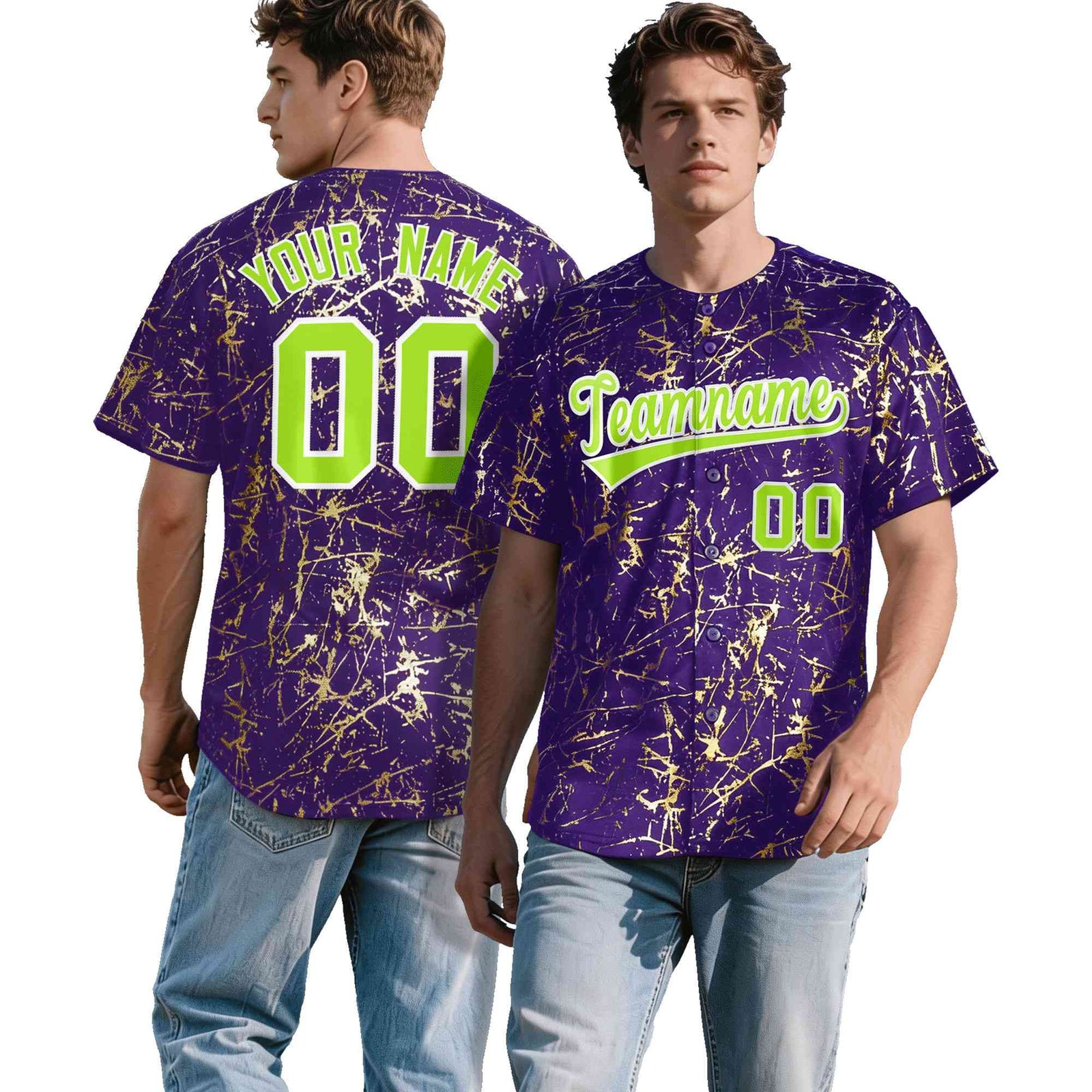 Custom Purple Neon Green Metallic Gold Splatter Urban Streetwear Baseball Jersey| KXKSHOP