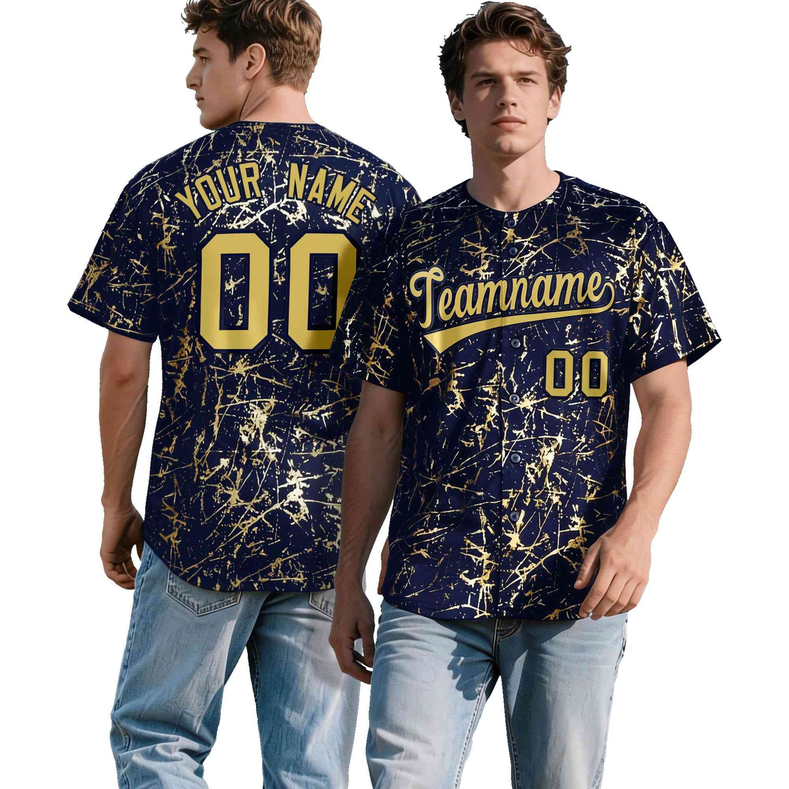 Custom Navy Old Gold Black&Shiny Gold Cracked Foil Hip Hop Button Down Baseball Jersey| KXKSHOP