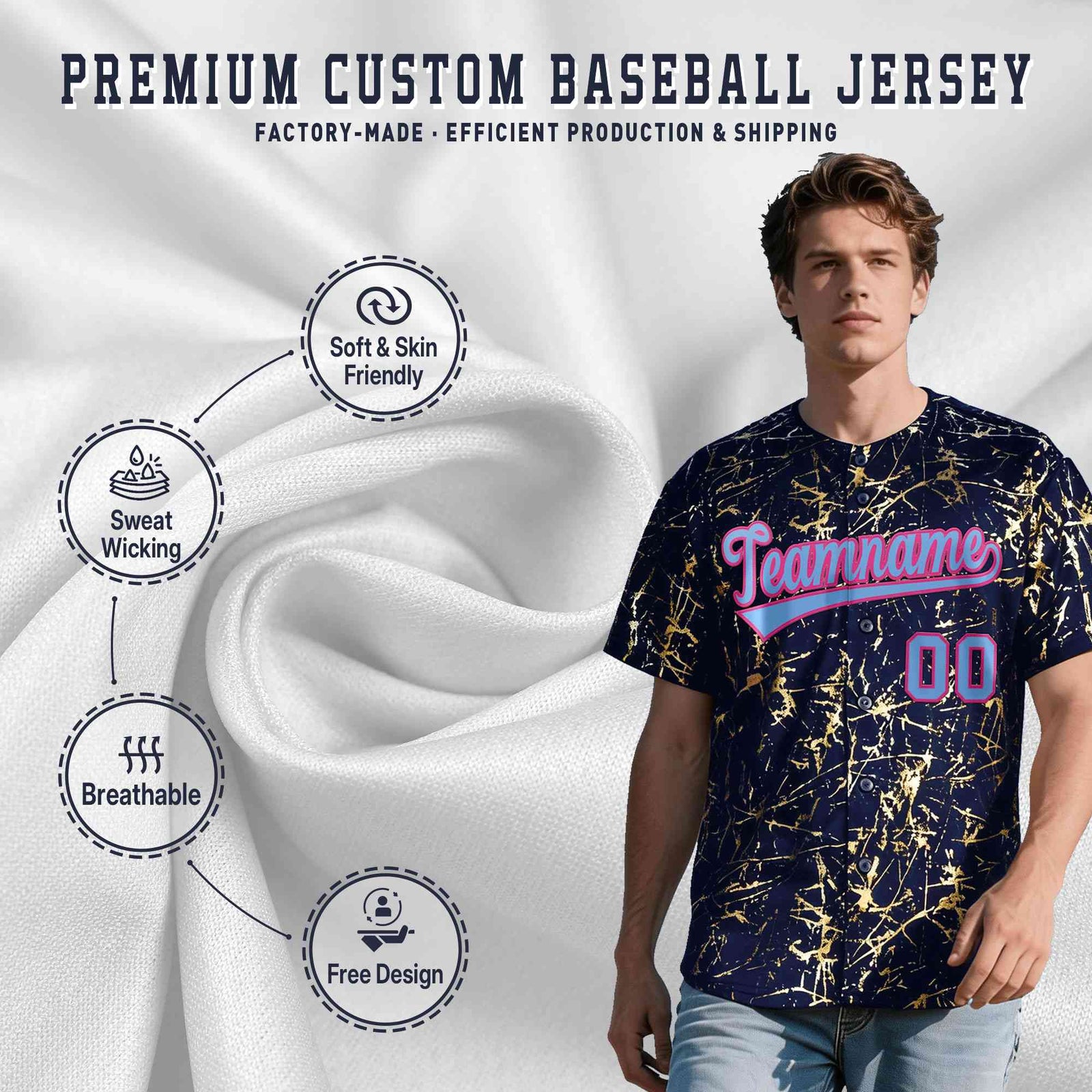 Custom Navy Powder Blue Black&Gold Marble Print Clubwear Party Streetwear Baseball Jersey| KXKSHOP