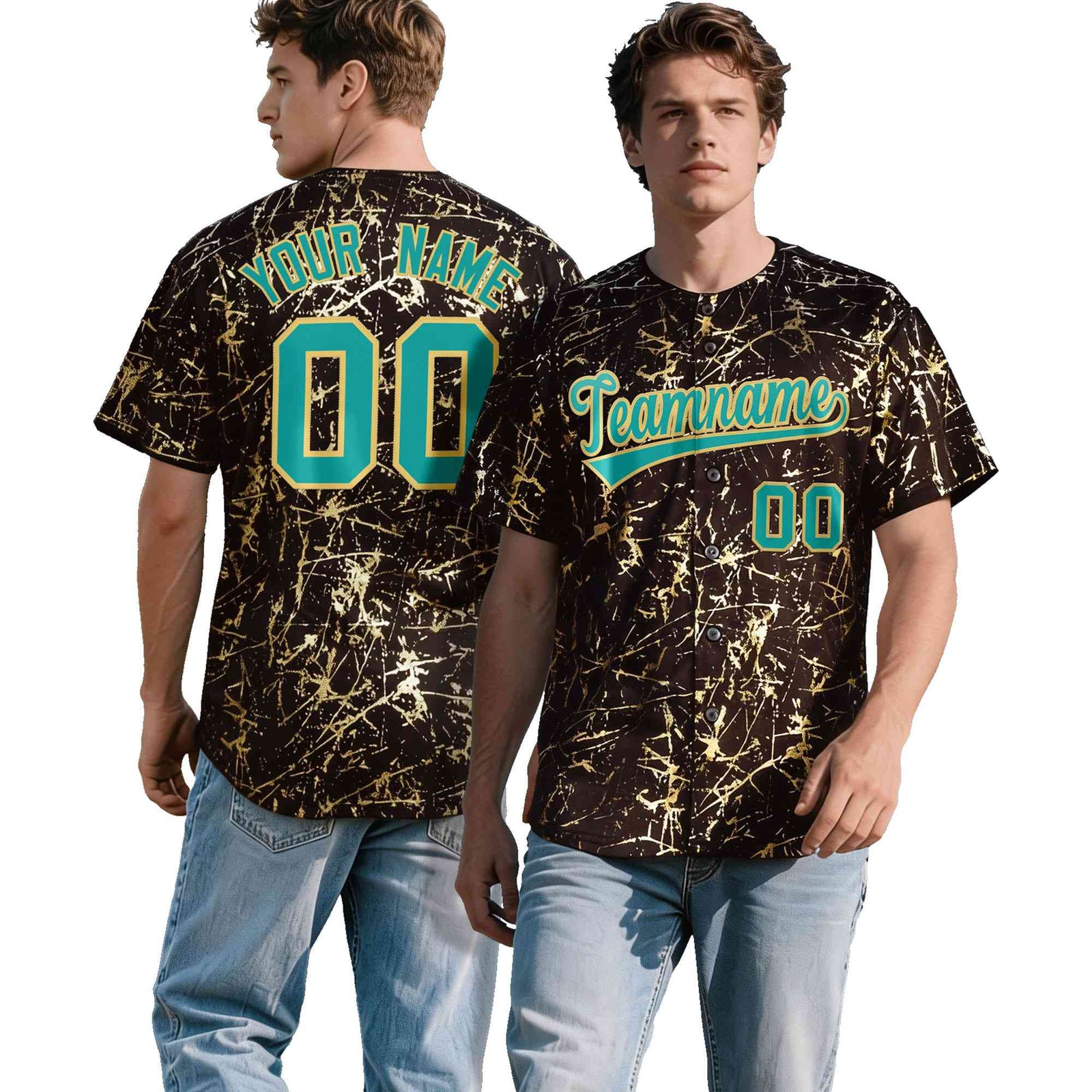 Custom Brown Aqua Metallic Gold Splatter Breathable&Wrinkle-Resistant Baseball Jersey| KXKSHOP