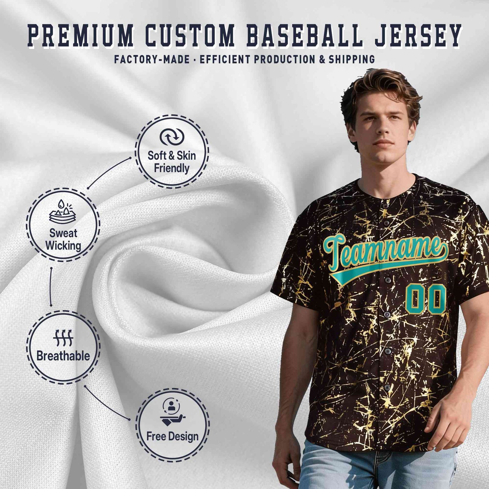 Custom Brown Aqua Metallic Gold Splatter Breathable&Wrinkle-Resistant Baseball Jersey| KXKSHOP