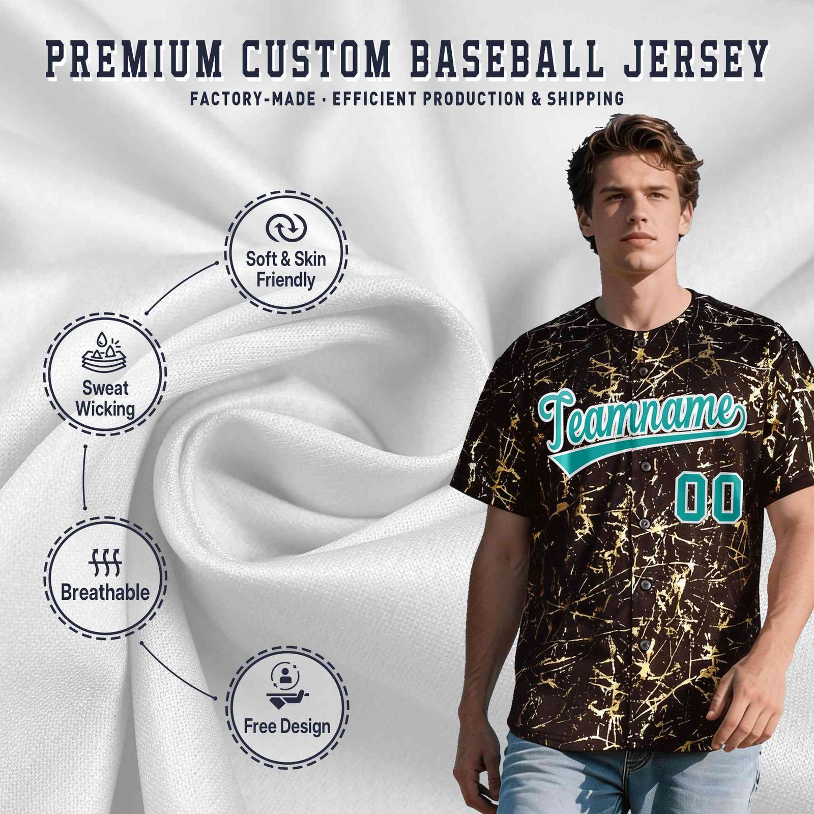 Custom Brown Aqua Metallic Gold Splatter Urban Streetwear Baseball Jersey| KXKSHOP