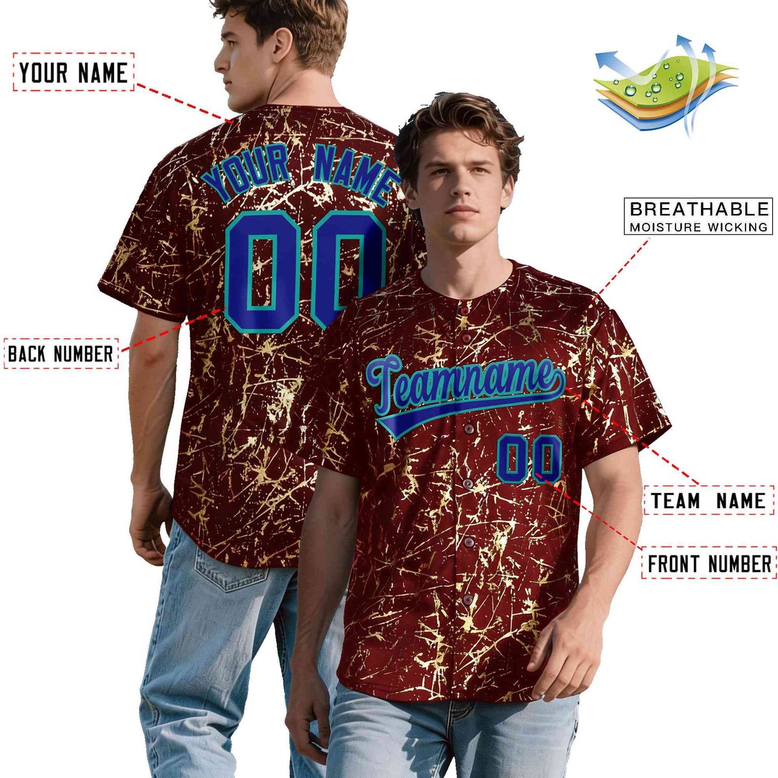 Custom Crimson Royal Metallic Gold Splatter Breathable&Wrinkle-Resistant Baseball Jersey| KXKSHOP