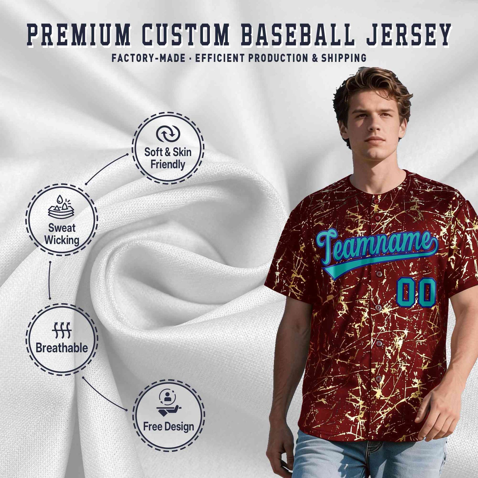 Custom Crimson Aqua Black&Gold Marble Print Clubwear Party Streetwear Baseball Jersey| KXKSHOP