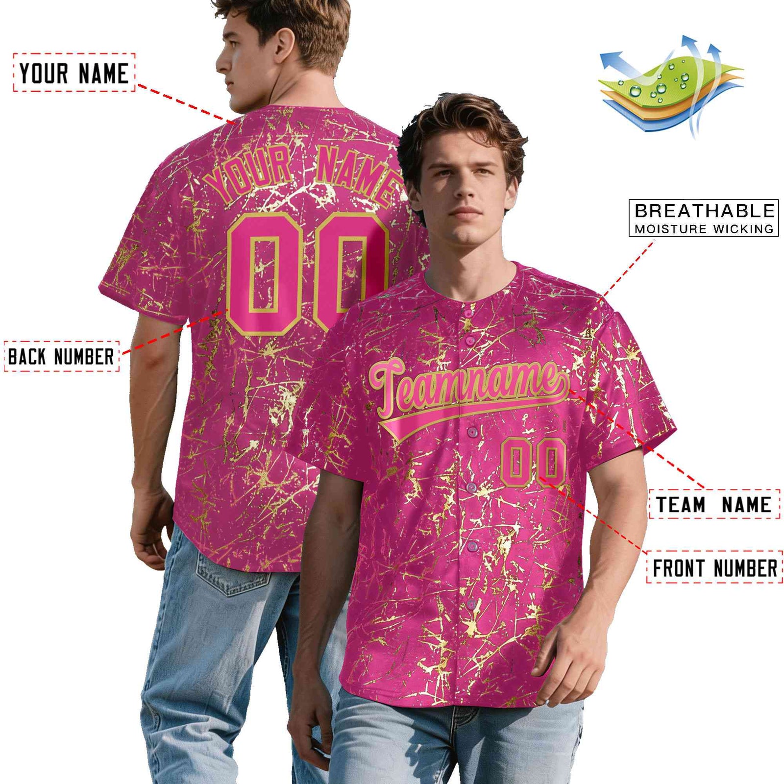 Custom Pink Old Gold Shiny Gold Cracked Texture Baseball Jersey| KXKSHOP