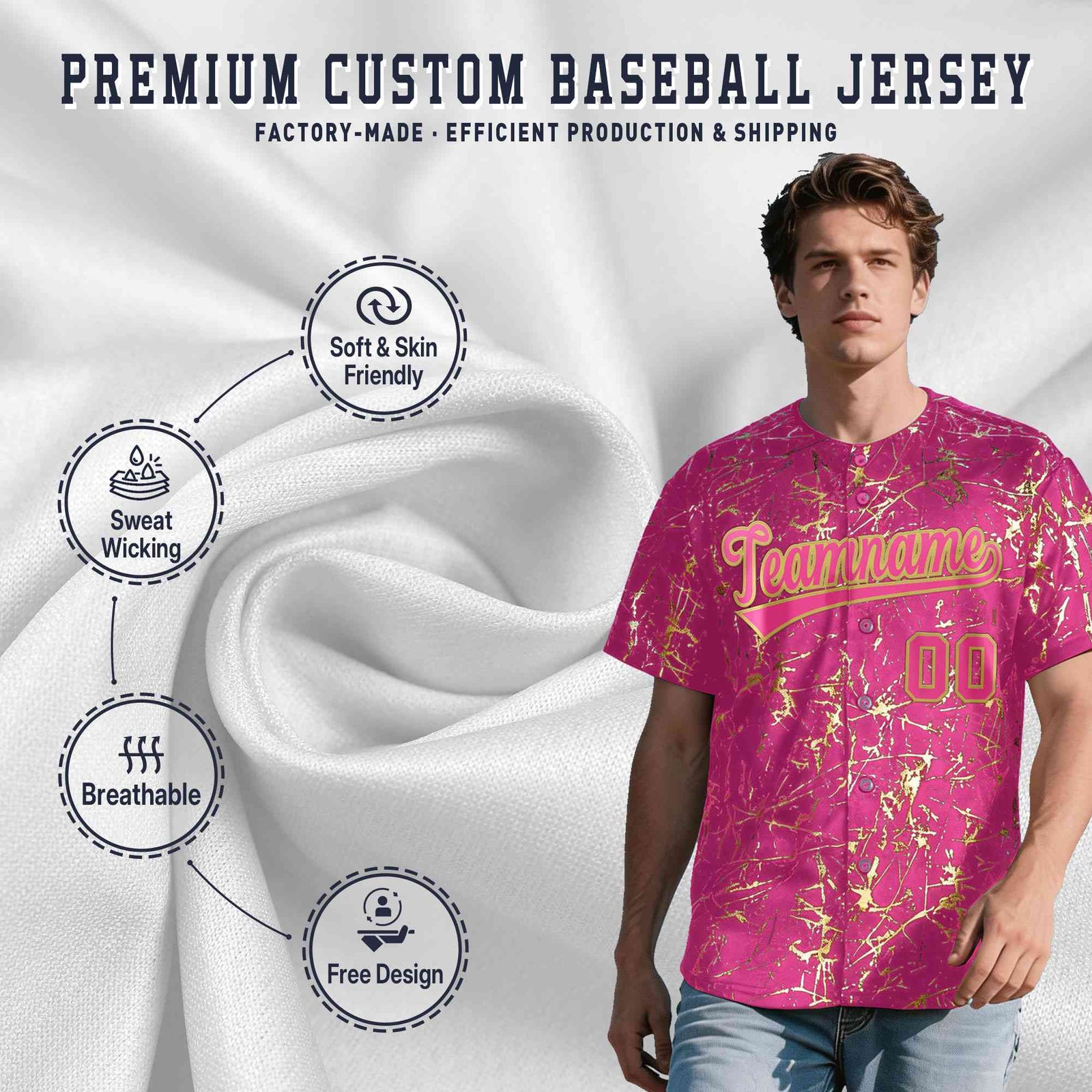 Custom Pink Old Gold Shiny Gold Cracked Texture Baseball Jersey| KXKSHOP