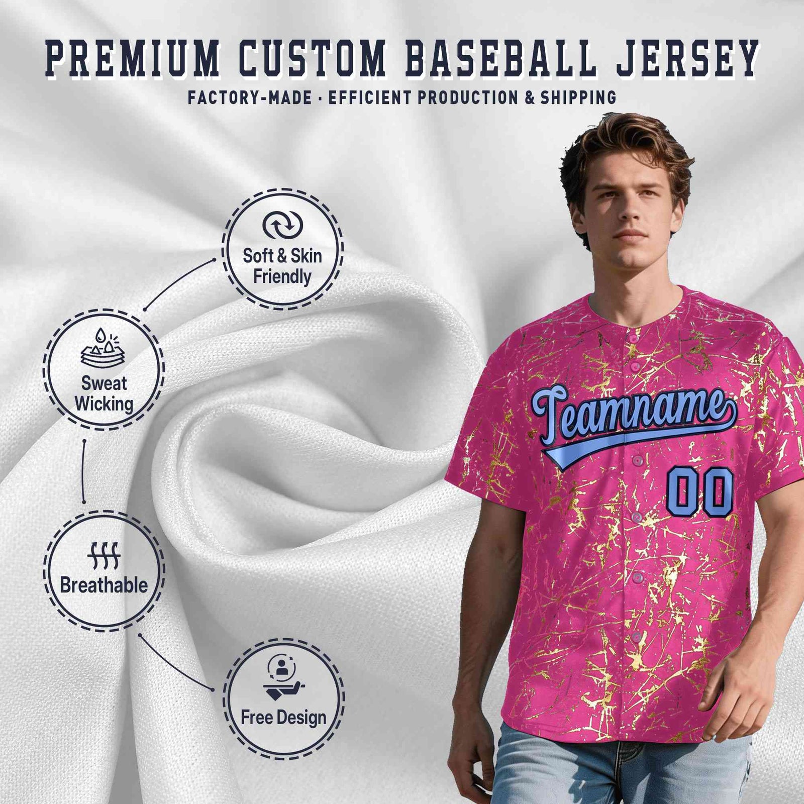 Custom Pink Light Blue Black&Gold Marble Print Clubwear Party Streetwear Baseball Jersey| KXKSHOP