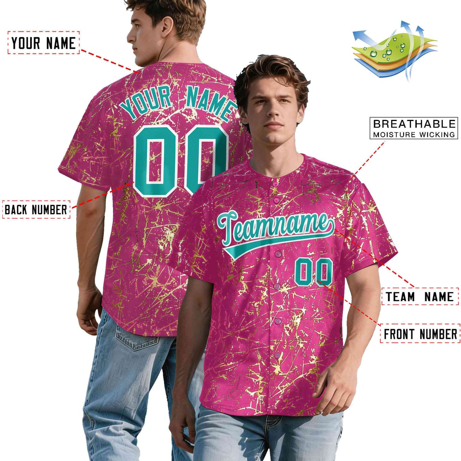 Custom Pink Aqua Metallic Gold Splatter Urban Streetwear Baseball Jersey| KXKSHOP