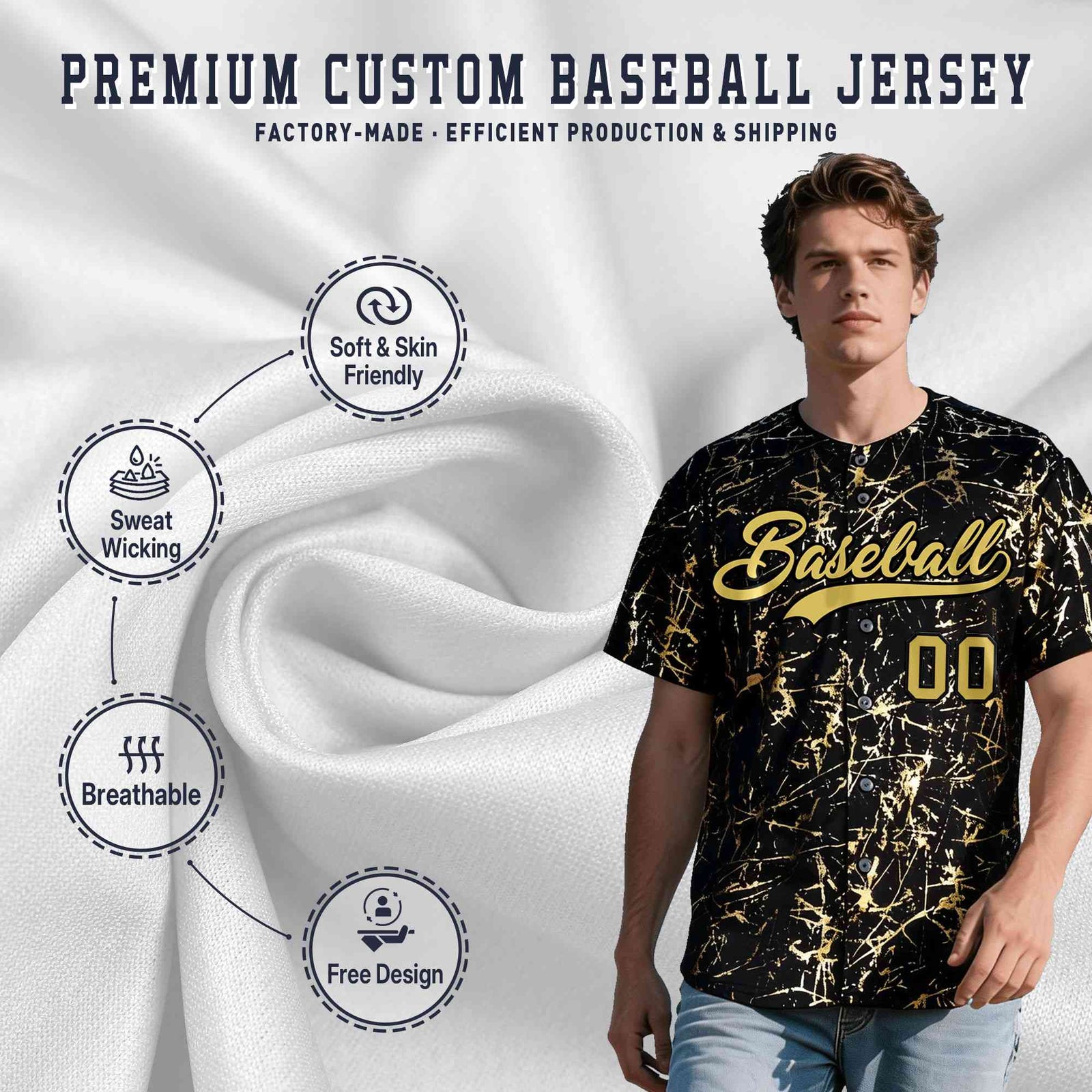 Custom Black Old Gold Shiny Gold Cracked Texture Baseball Jersey