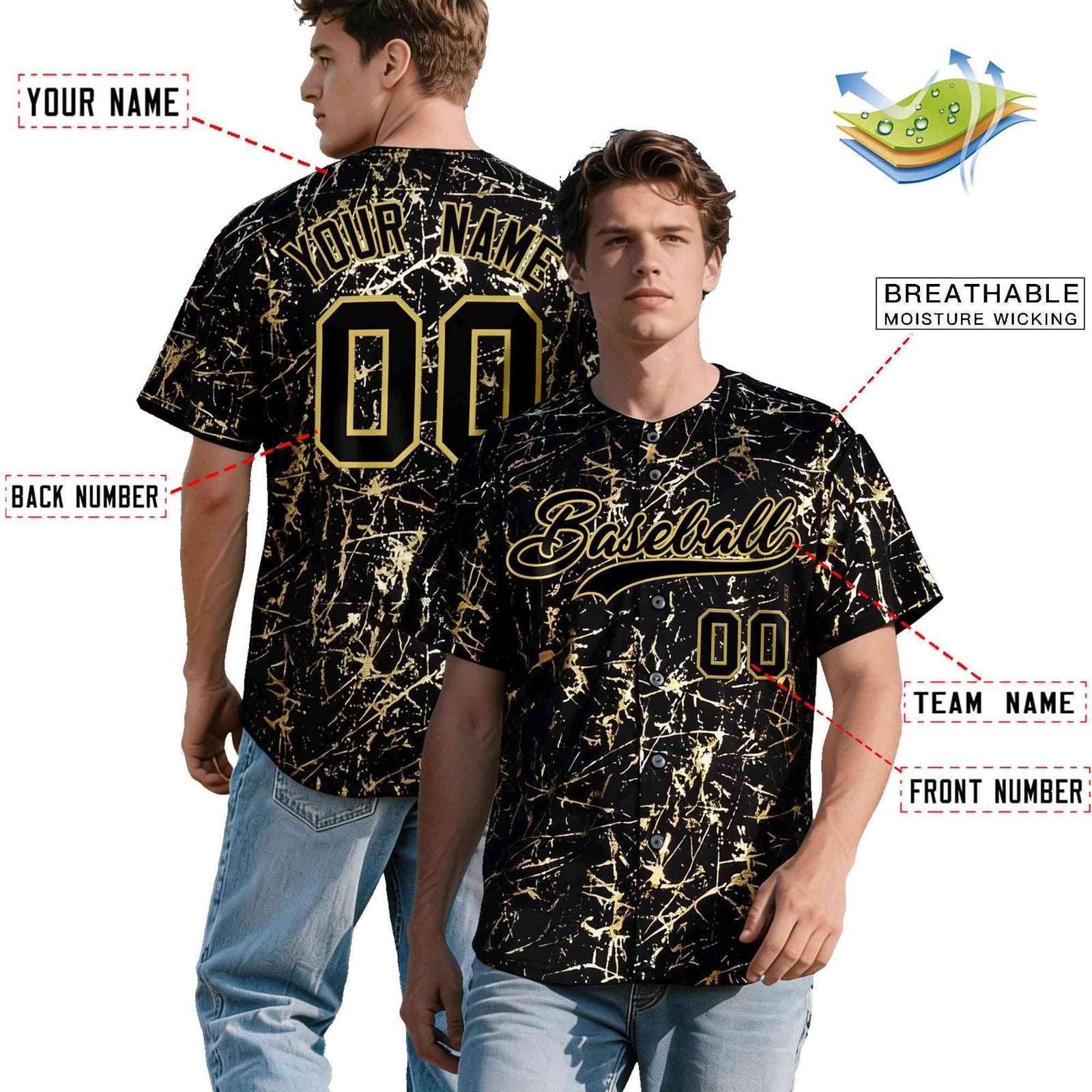 Custom Black Old Gold Black&Shiny Gold Cracked Foil Hip Hop Button Down Baseball Jersey