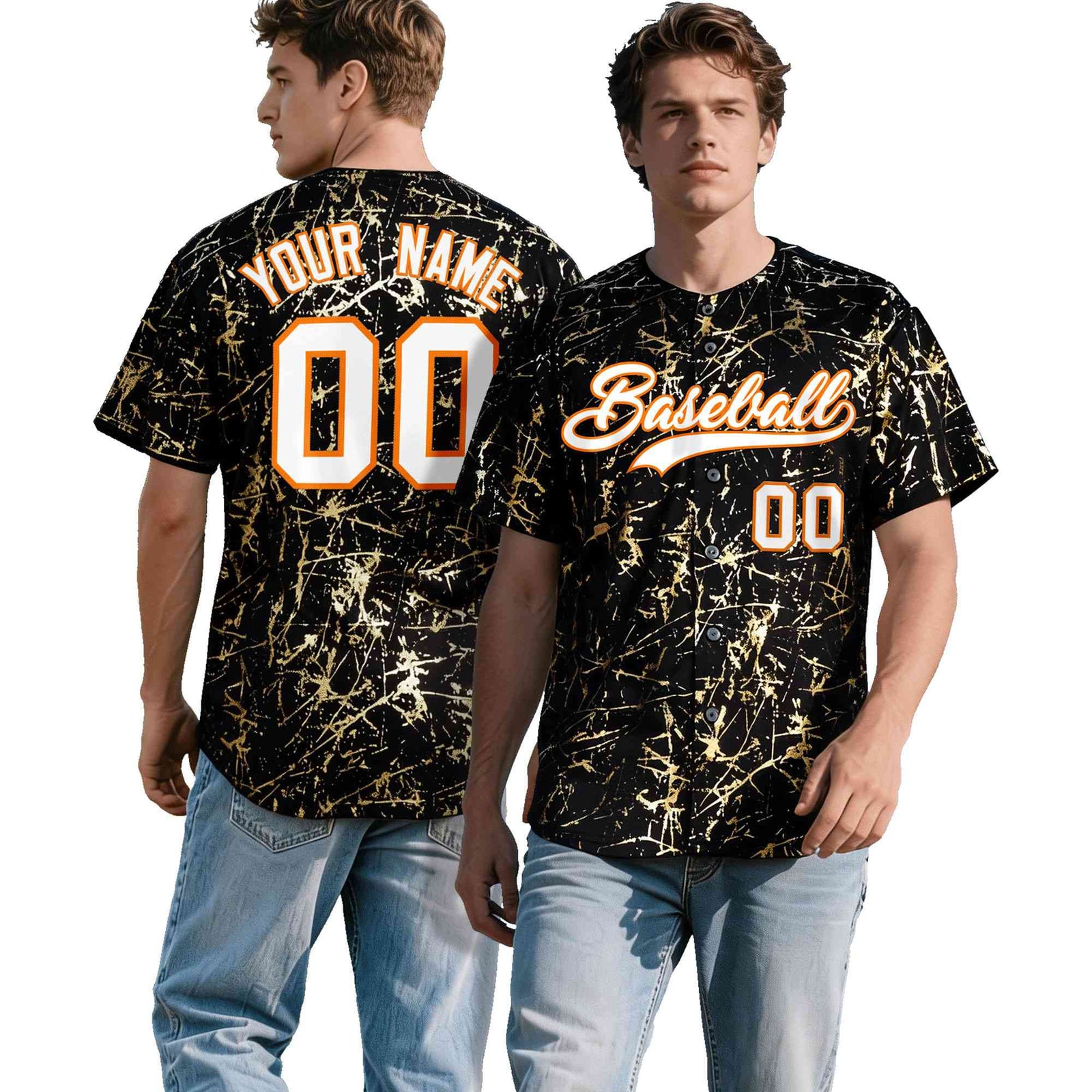 Custom Black White Black&Shiny Gold Cracked Foil Breathable Mesh Streetwear Baseball Jersey