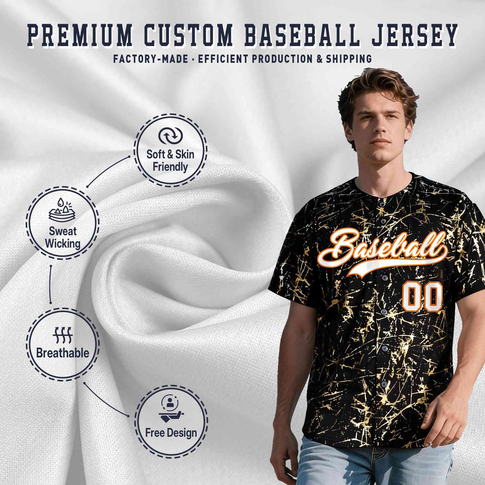 Custom Black White Black&Shiny Gold Cracked Foil Breathable Mesh Streetwear Baseball Jersey