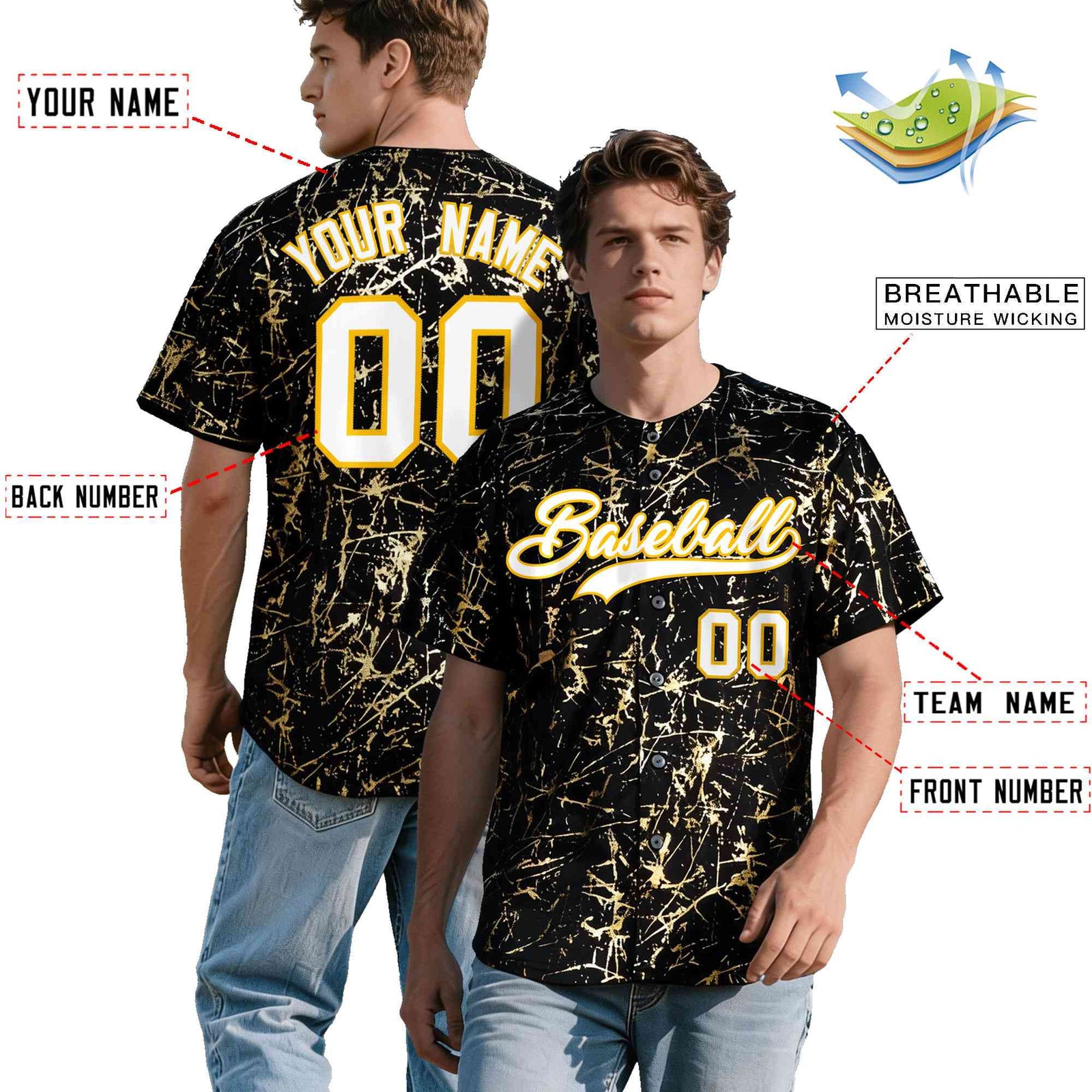 Custom Black White Black&Shiny Gold Cracked Foil Hip Hop Button Down Baseball Jersey