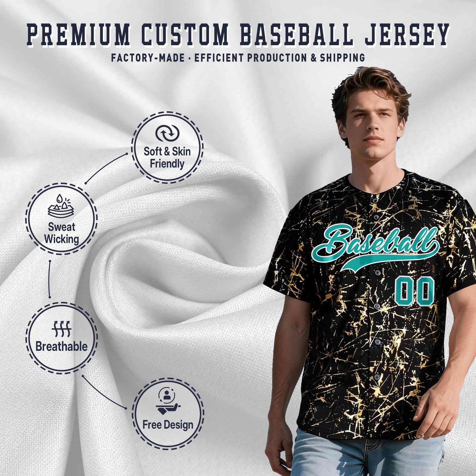 Custom Black Aqua Metallic Gold Splatter Urban Streetwear Baseball Jersey