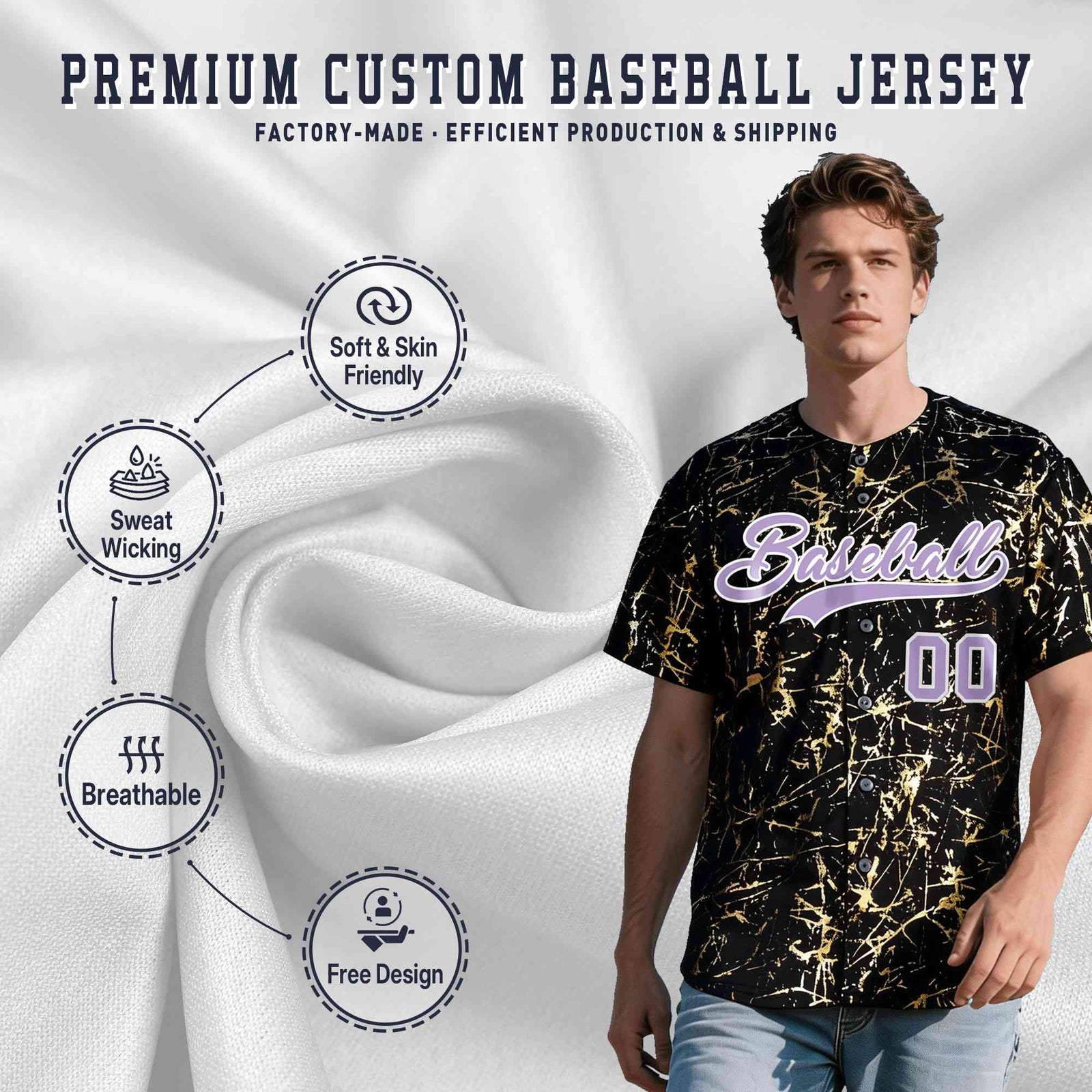 Custom Black Light Purple Metallic Gold Splatter Breathable&Wrinkle-Resistant Baseball Jersey