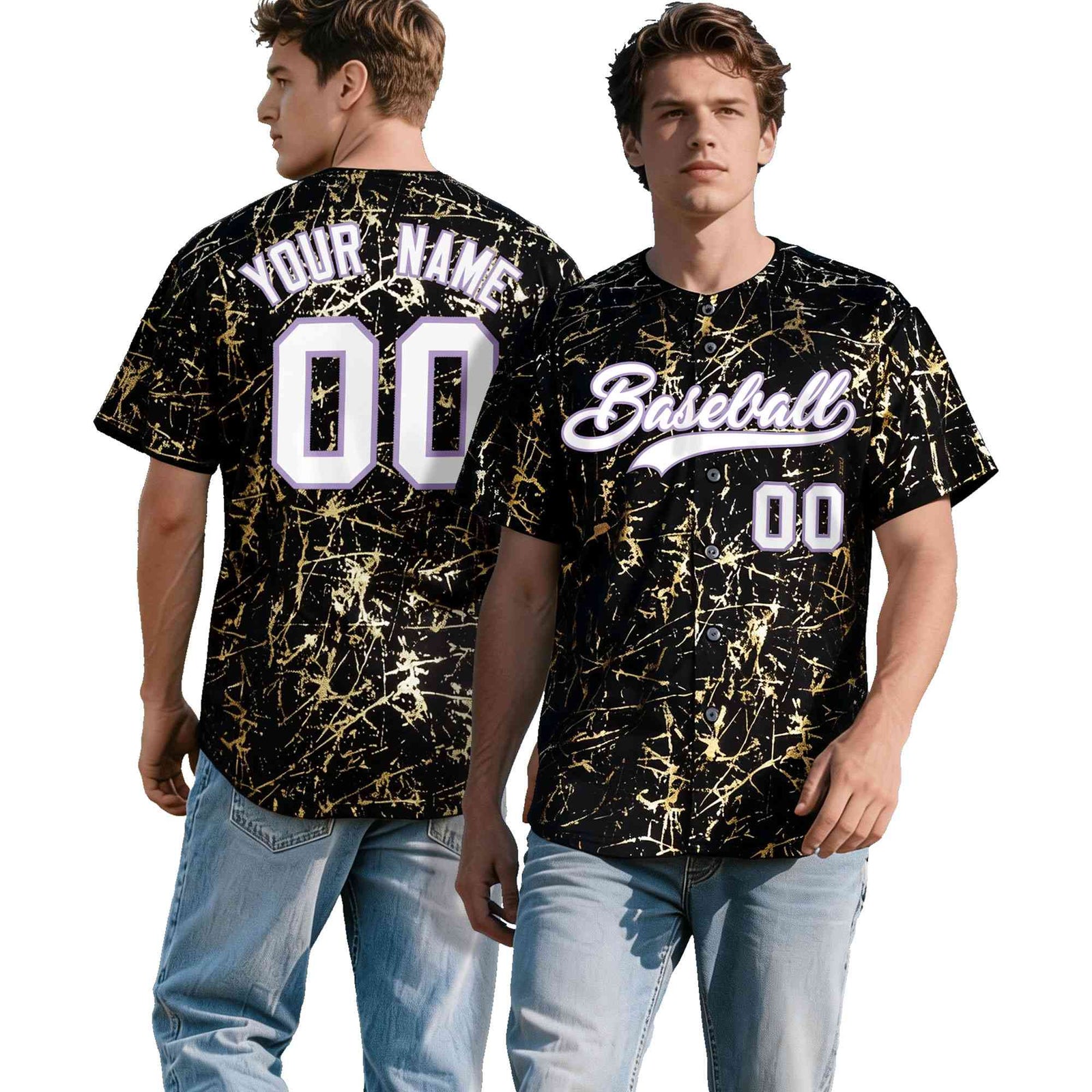 Custom Black White Black&Gold Marble Print Clubwear Party Streetwear Baseball Jersey