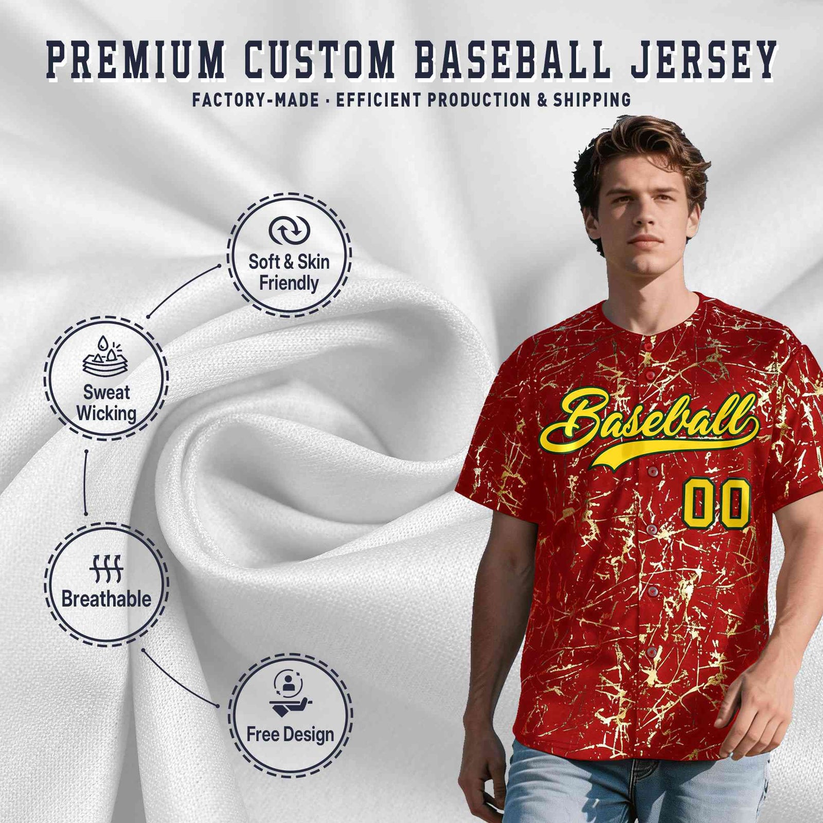 Custom Red Gold Black&Shiny Gold Cracked Foil Breathable Mesh Streetwear Baseball Jersey