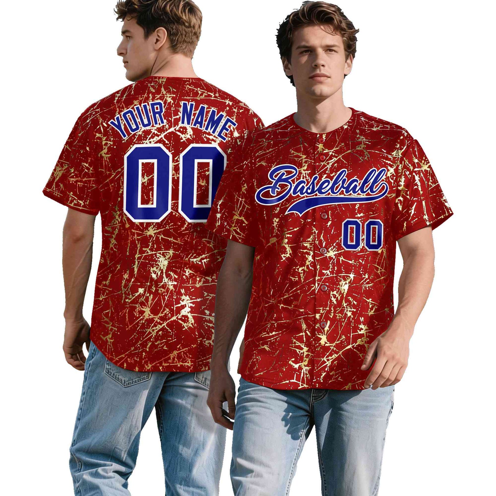 Custom Red Royal Shiny Gold Cracked Texture Baseball Jersey