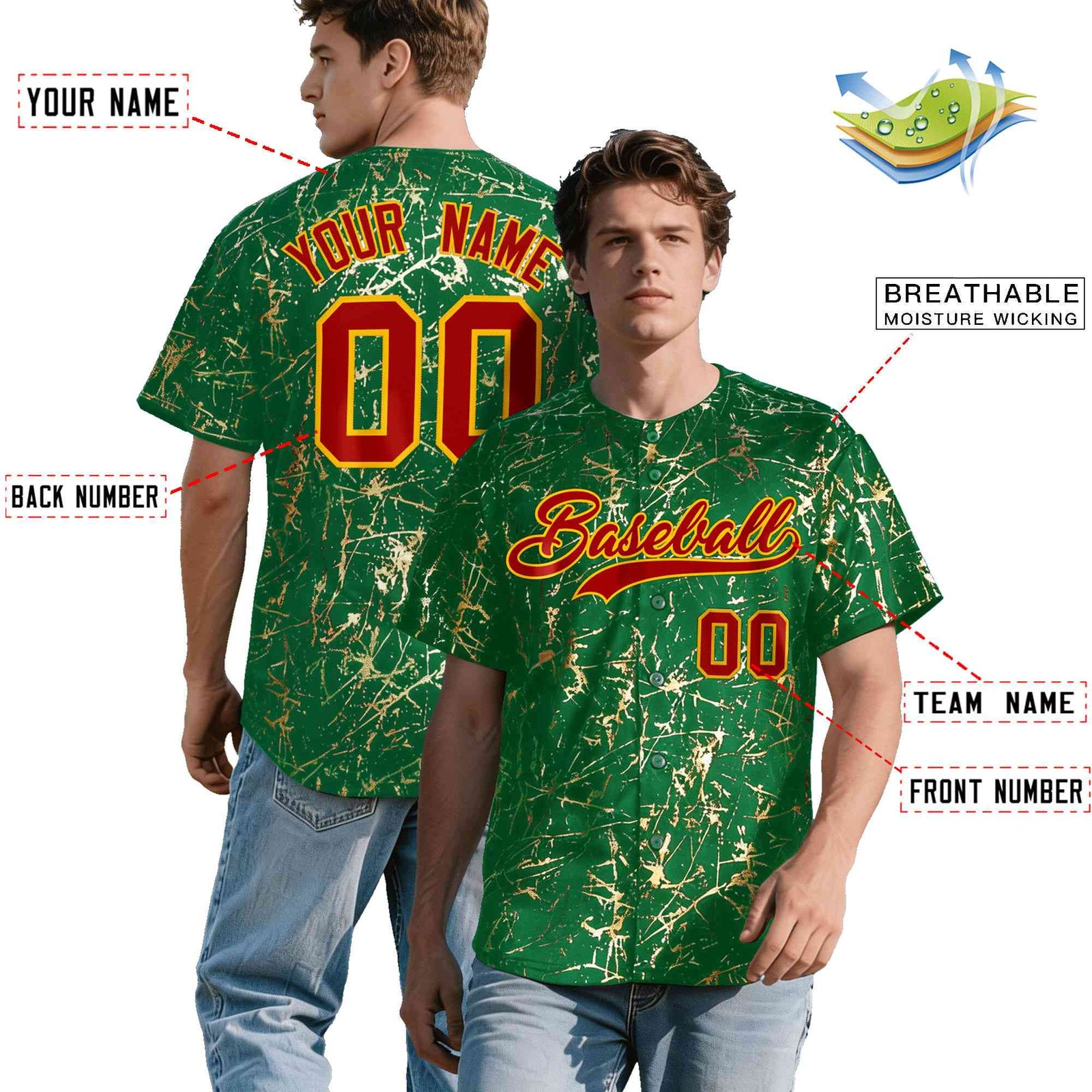 Custom Kelly Green Red Metallic Gold Splatter Breathable&Wrinkle-Resistant Baseball Jersey