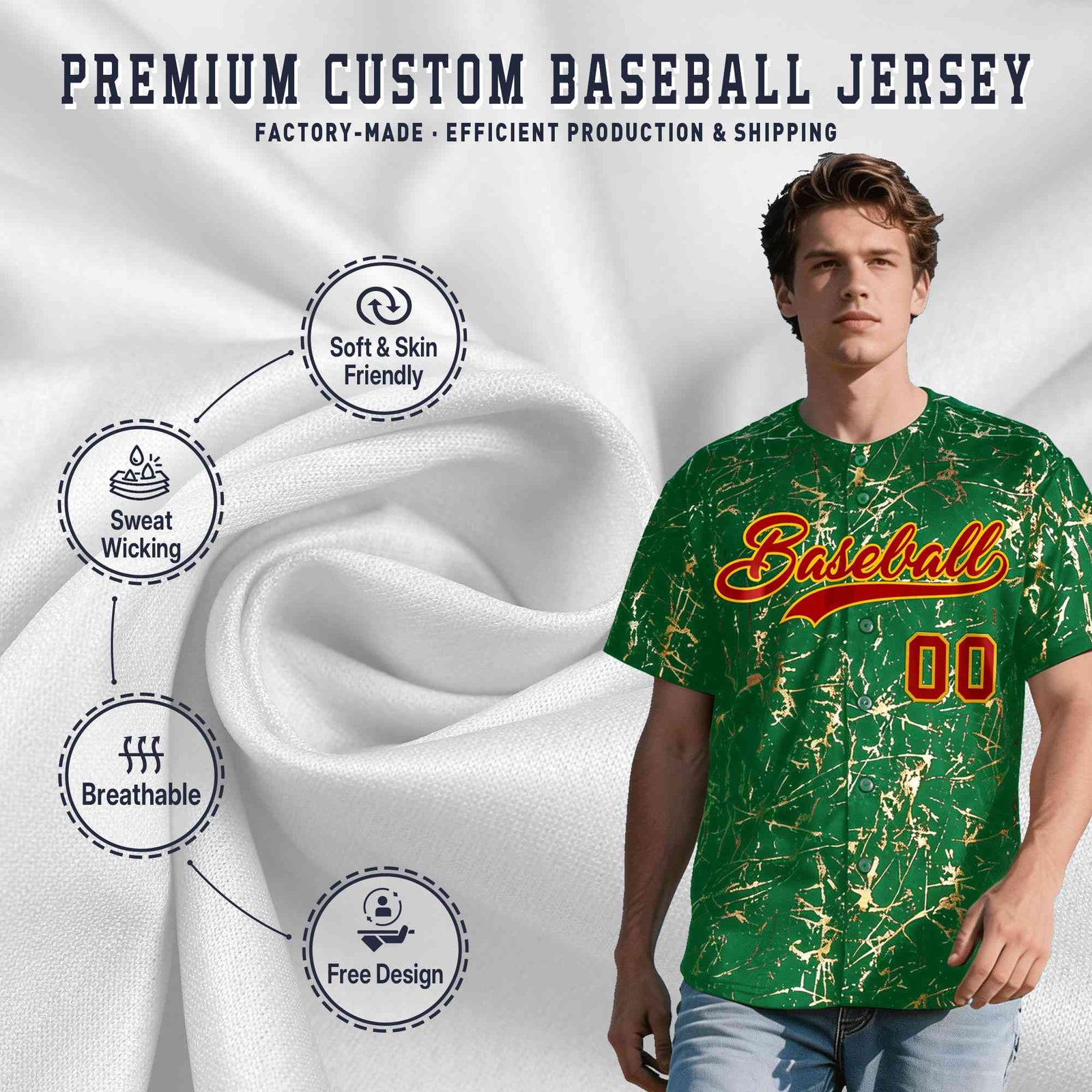 Custom Kelly Green Red Metallic Gold Splatter Breathable&Wrinkle-Resistant Baseball Jersey