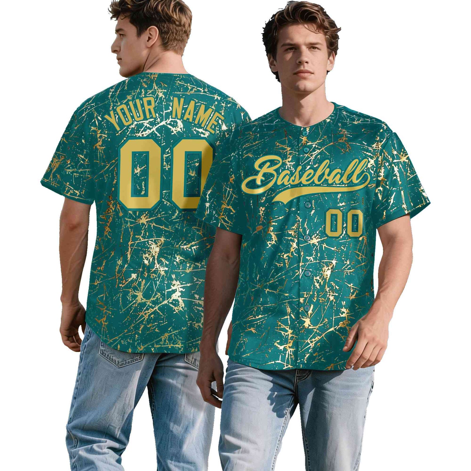 Custom Teal Old Gold Black&Shiny Gold Cracked Foil Hip Hop Button Down Baseball Jersey