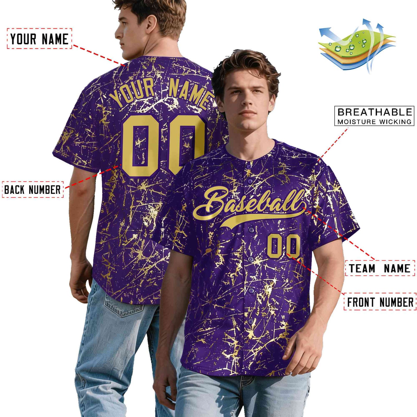 Custom Purple Old Gold Black&Shiny Gold Cracked Foil Hip Hop Button Down Baseball Jersey