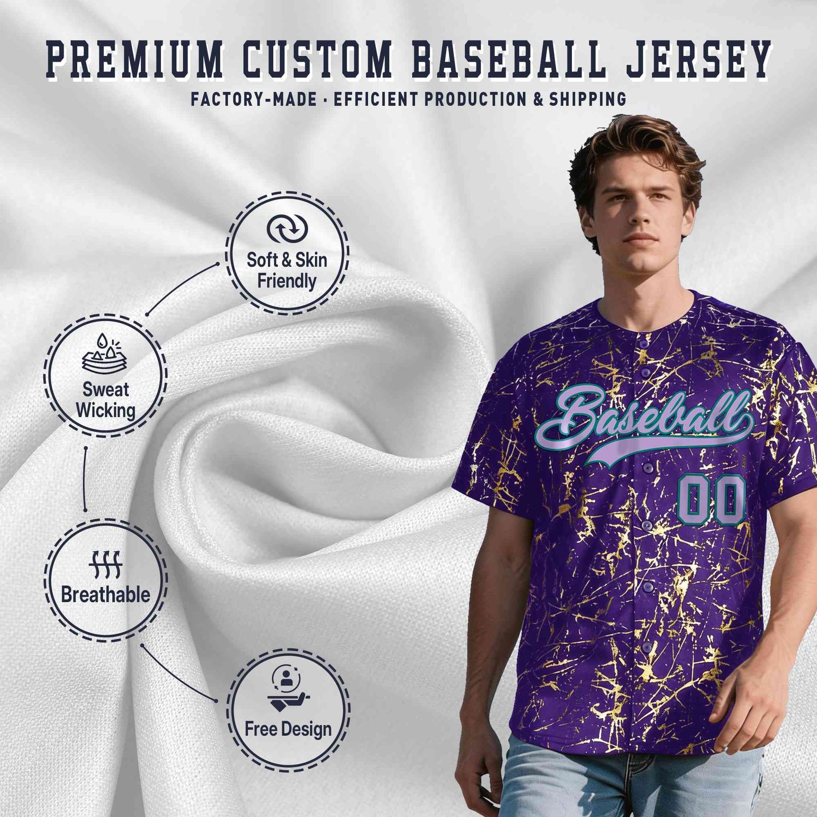 Custom Purple Light Purple Metallic Gold Splatter Breathable&Wrinkle-Resistant Baseball Jersey