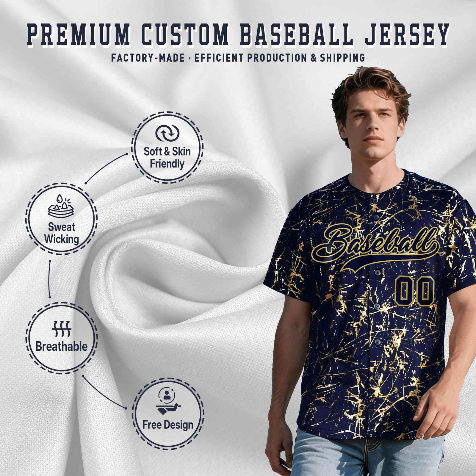 Custom Navy Old Gold Shiny Gold Cracked Texture Baseball Jersey