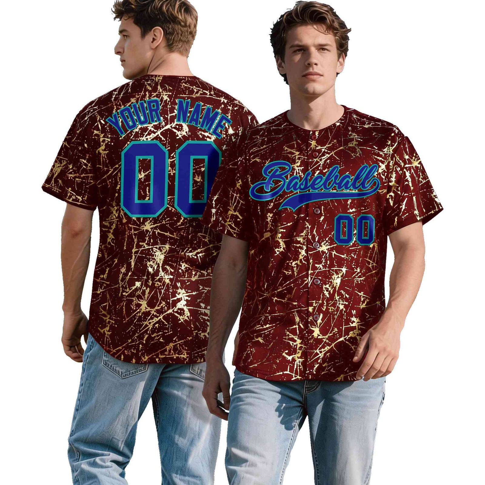 Custom Crimson Royal Metallic Gold Splatter Breathable&Wrinkle-Resistant Baseball Jersey