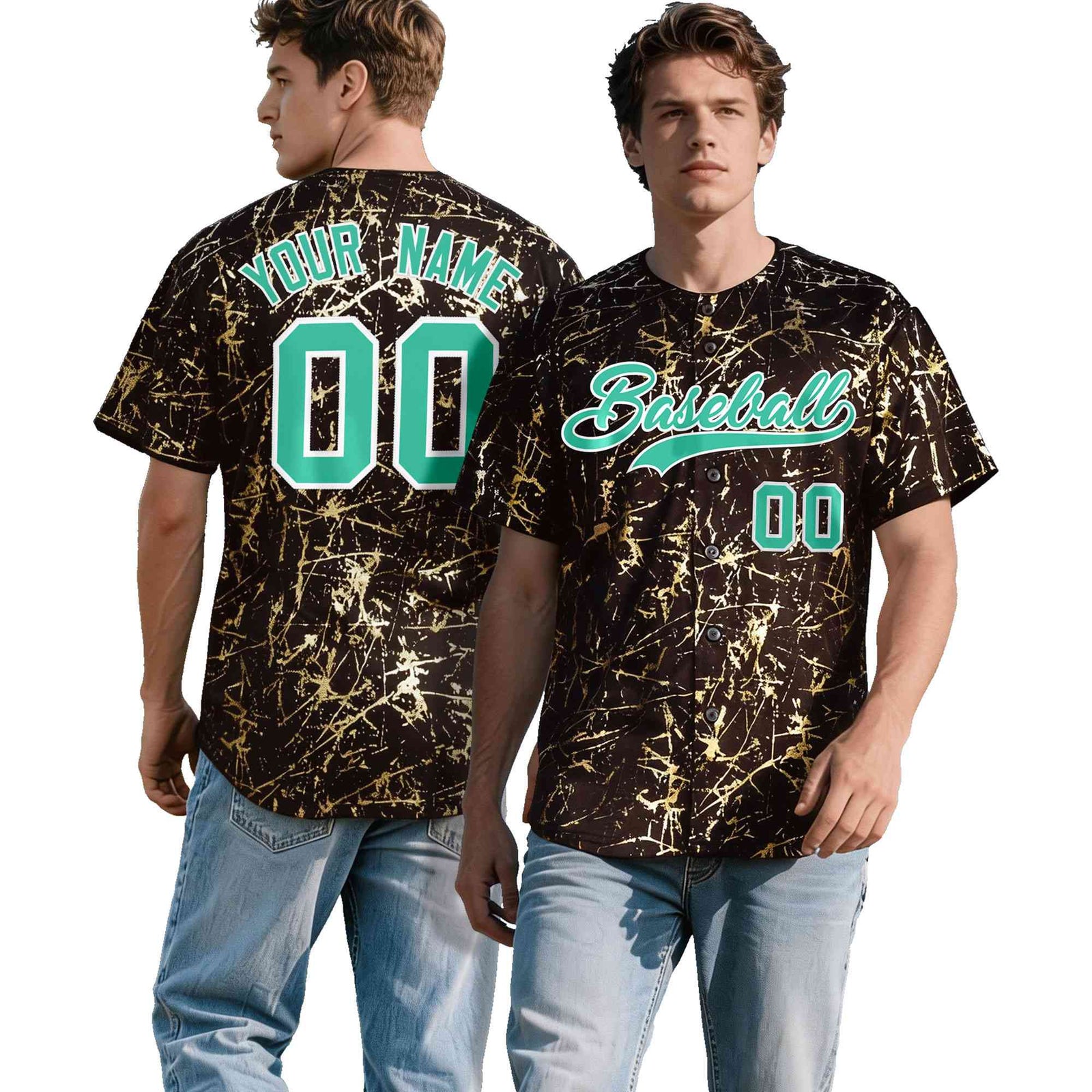 Custom Crimson Bright Green Metallic Gold Splatter Urban Streetwear Baseball Jersey
