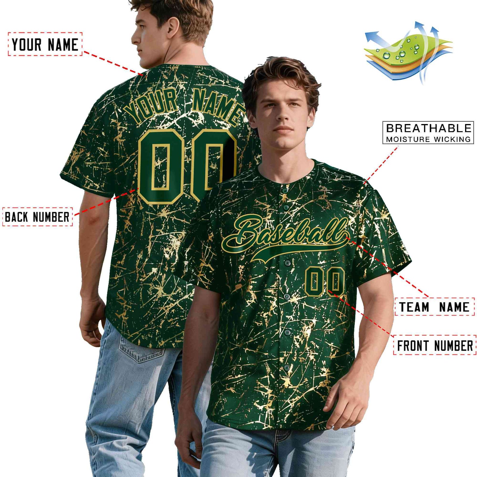 Custom Green Old Gold Shiny Gold Cracked Texture Baseball Jersey