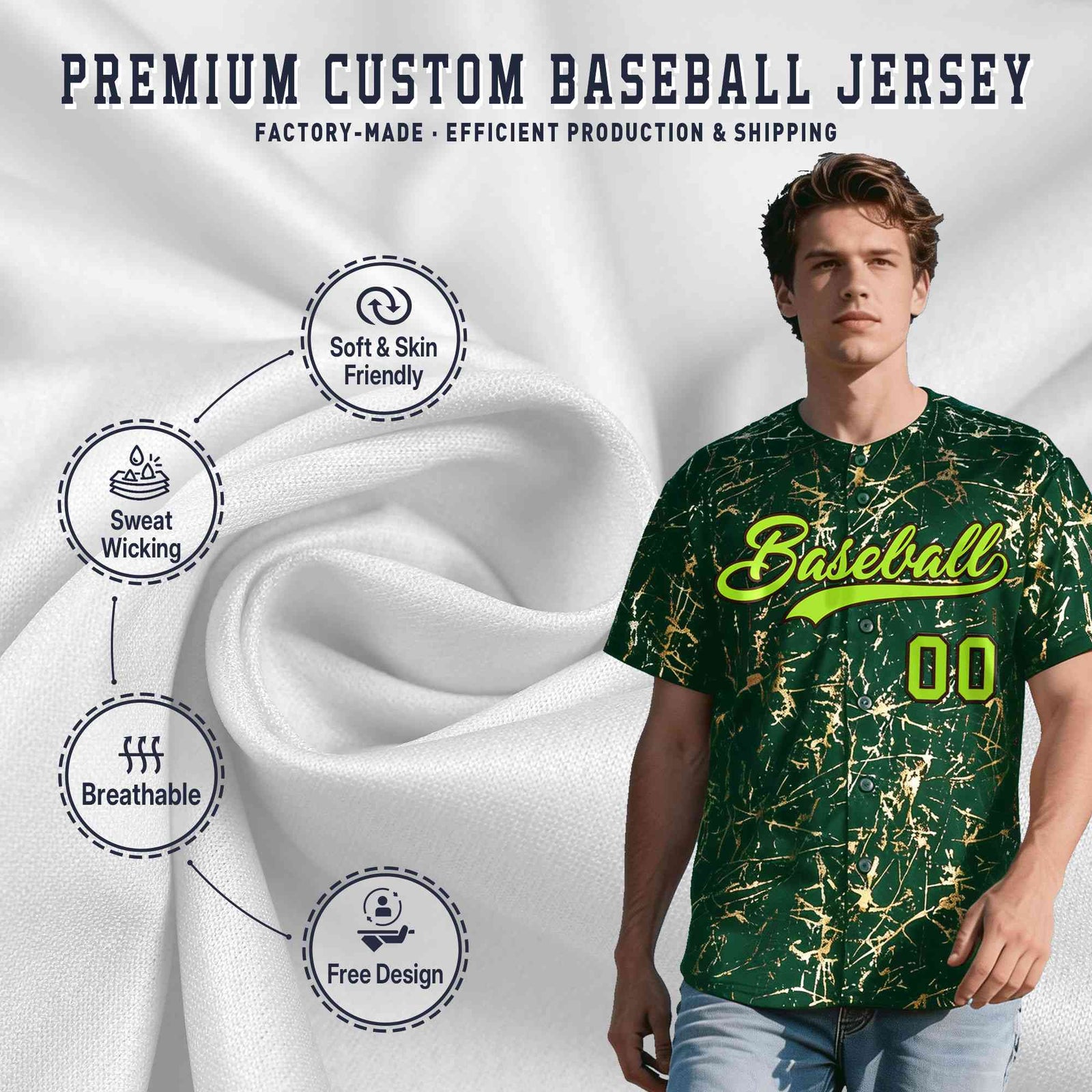 Custom Green Neon Green Black&Gold Marble Print Clubwear Party Streetwear Baseball Jersey