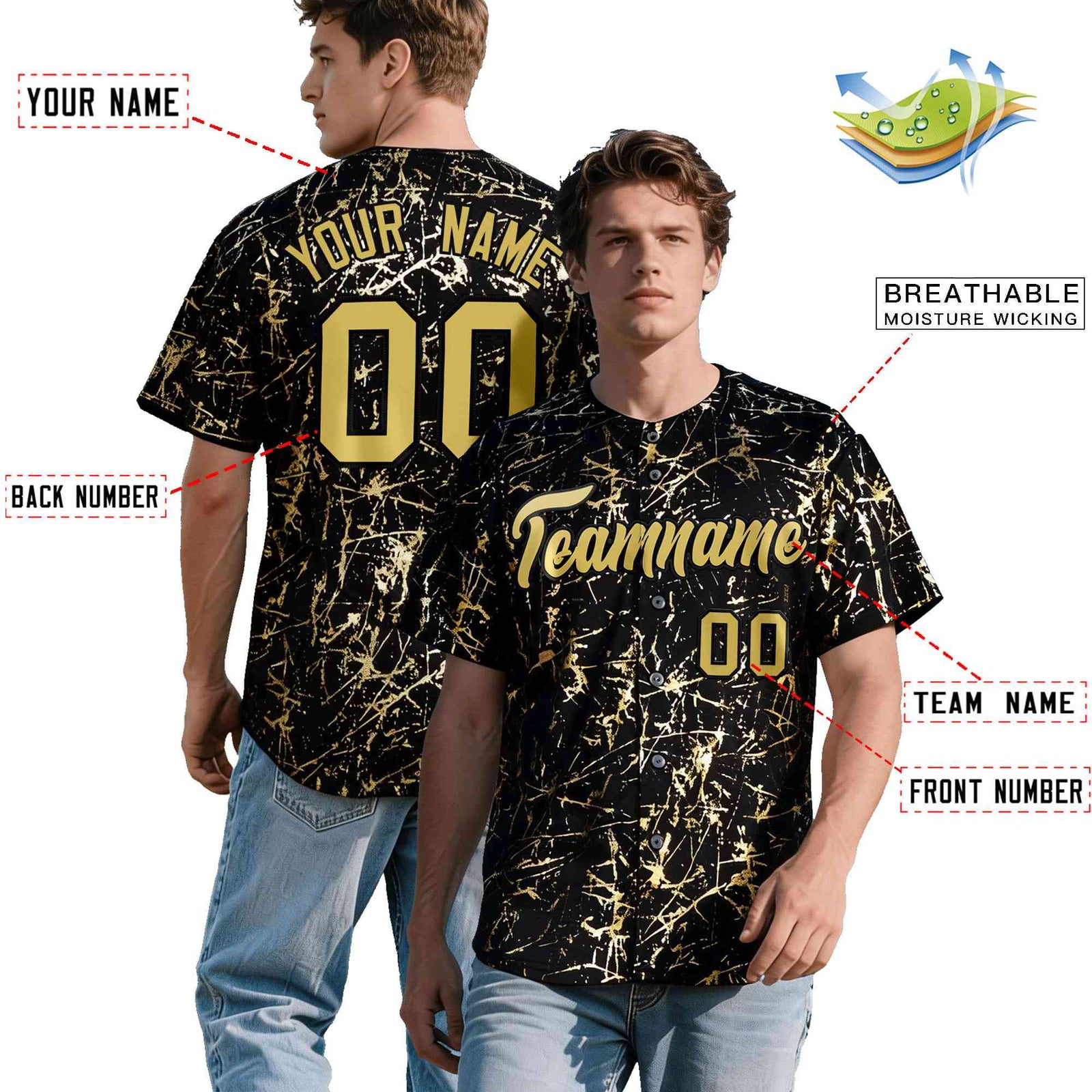 Custom Black Old Gold Shiny Gold Cracked Texture Baseball Jersey