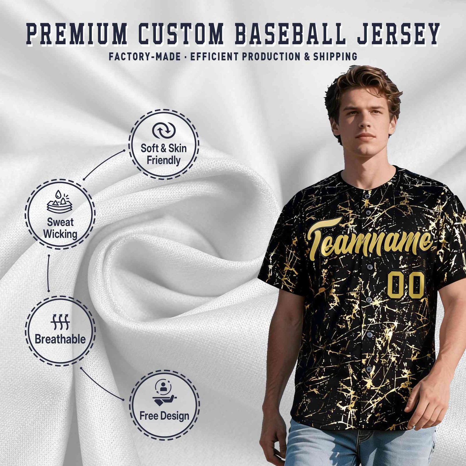 Custom Black Old Gold Shiny Gold Cracked Texture Baseball Jersey