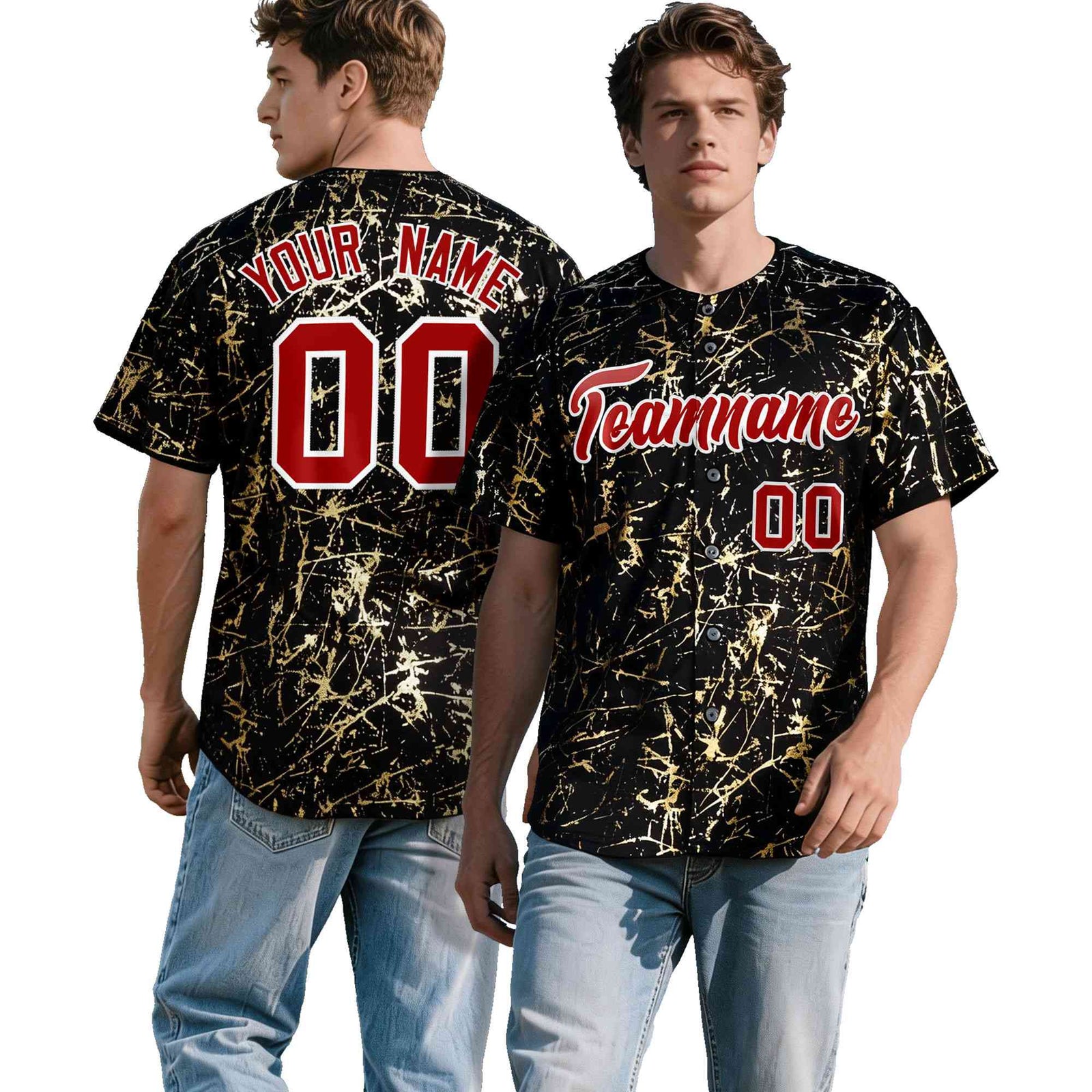 Custom Black Red Metallic Gold Splatter Breathable&Wrinkle-Resistant Baseball Jersey