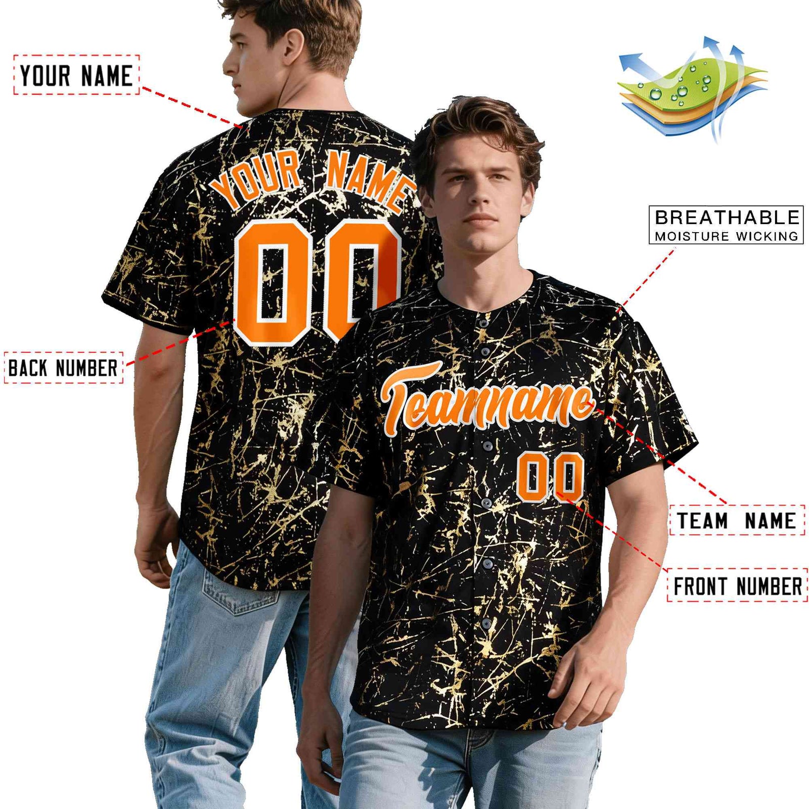 Custom Black Orange Metallic Gold Splatter Urban Streetwear Baseball Jersey