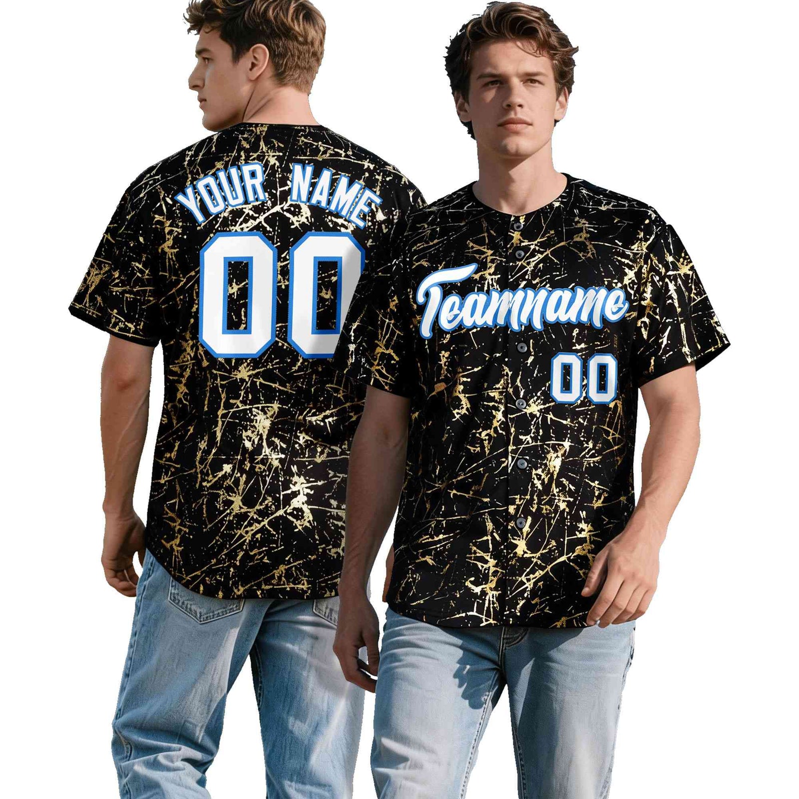 Custom Black White Black&Shiny Gold Cracked Foil Hip Hop Button Down Baseball Jersey