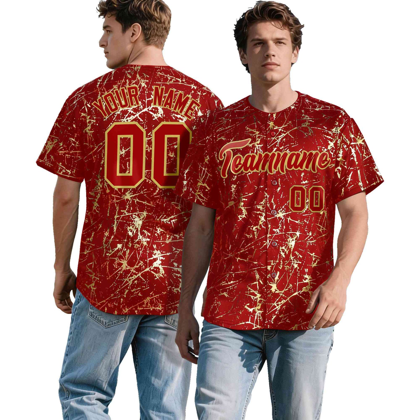 Custom Red Old Gold Metallic Gold Splatter Breathable&Wrinkle-Resistant Baseball Jersey