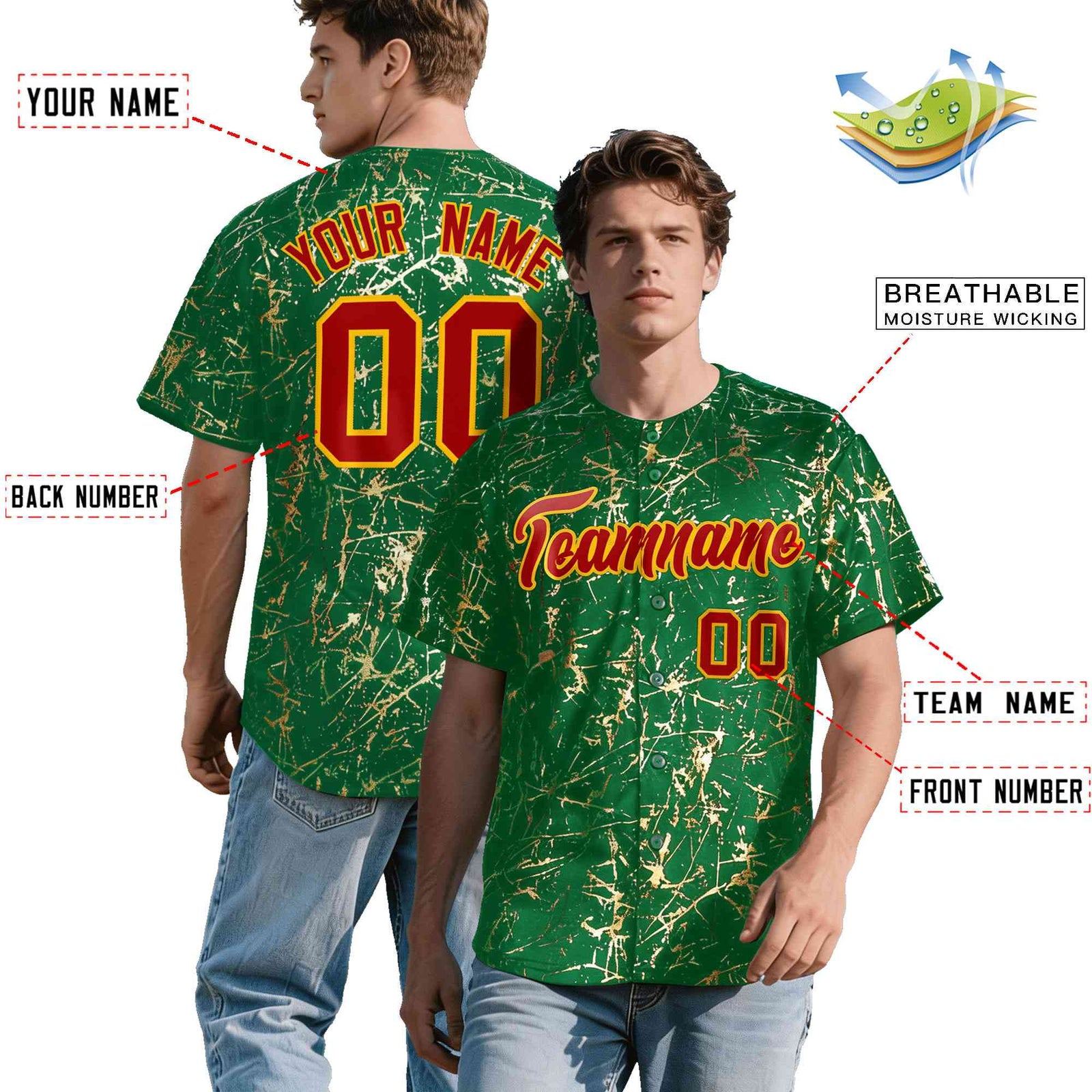 Custom Kelly Green Red Metallic Gold Splatter Breathable&Wrinkle-Resistant Baseball Jersey