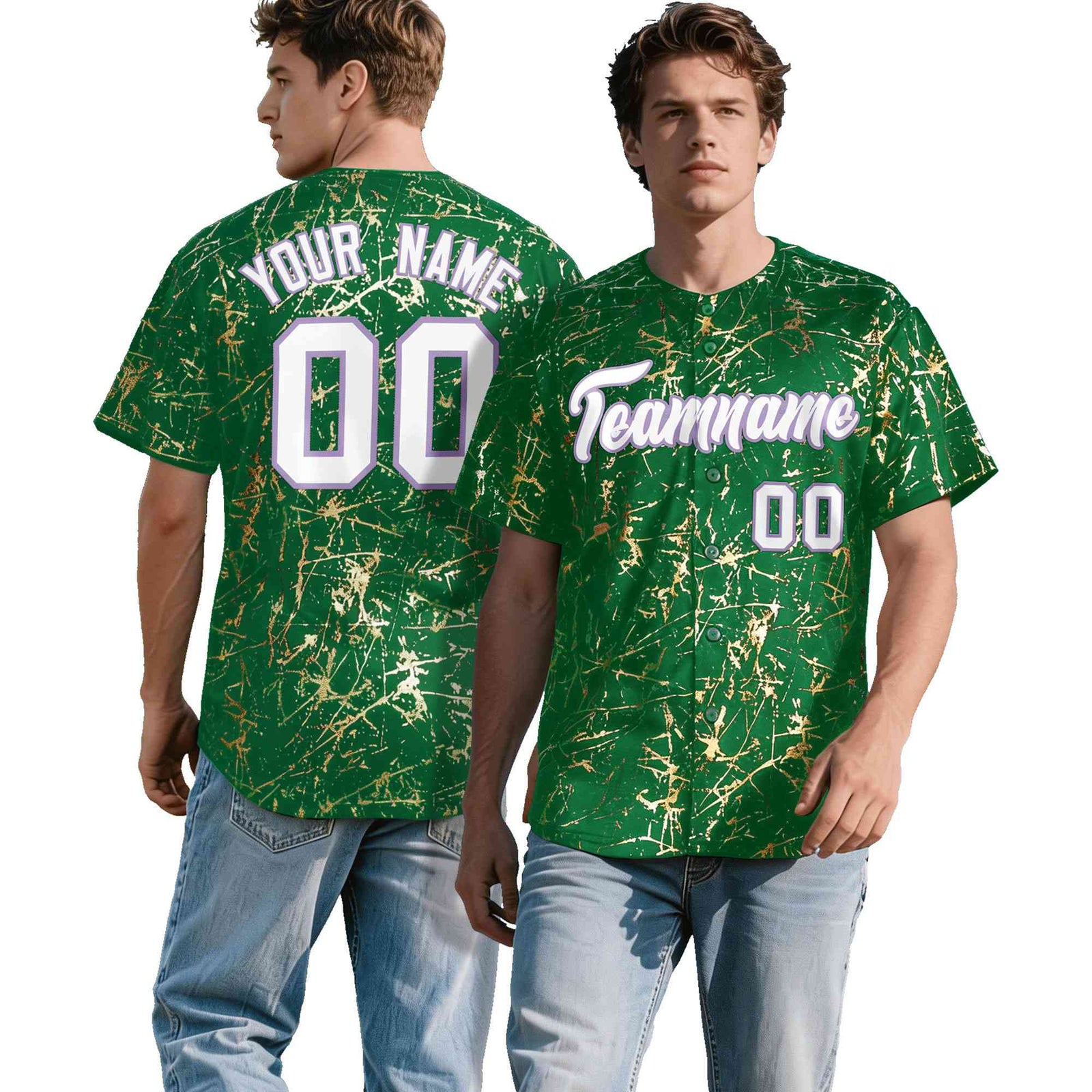 Custom Kelly Green White Black&Shiny Gold Cracked Foil Breathable Mesh Streetwear Baseball Jersey