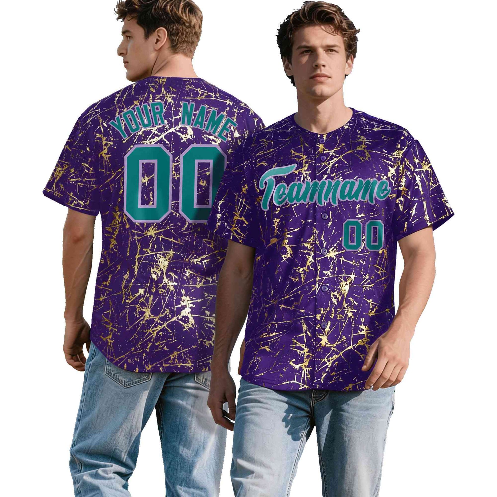 Custom Purple Teal Black&Gold Marble Print Clubwear Party Streetwear Baseball Jersey