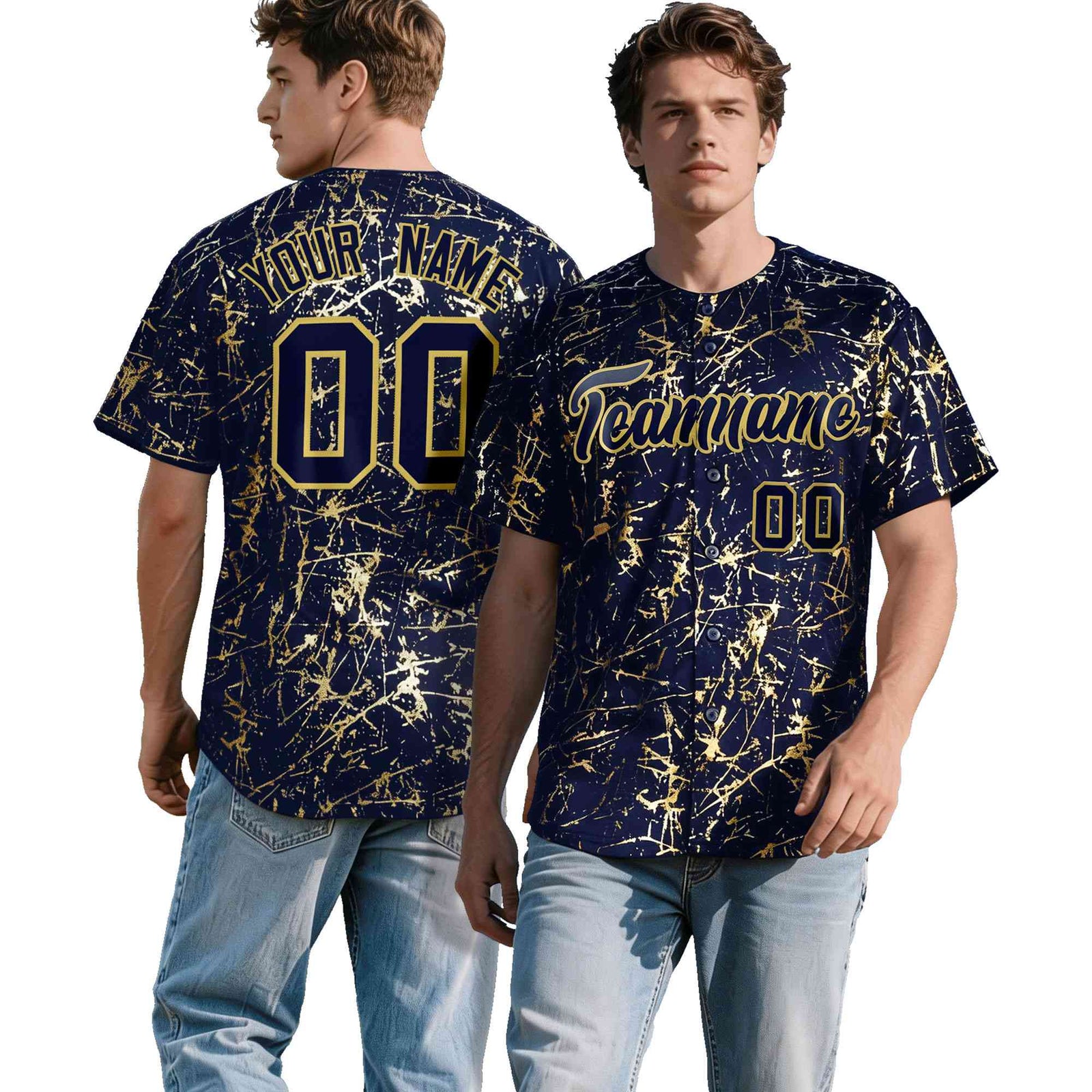Custom Navy Old Gold Shiny Gold Cracked Texture Baseball Jersey