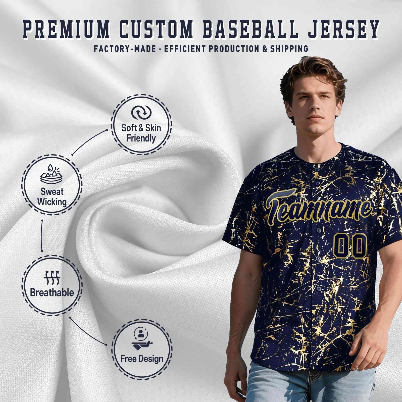 Custom Navy Old Gold Shiny Gold Cracked Texture Baseball Jersey