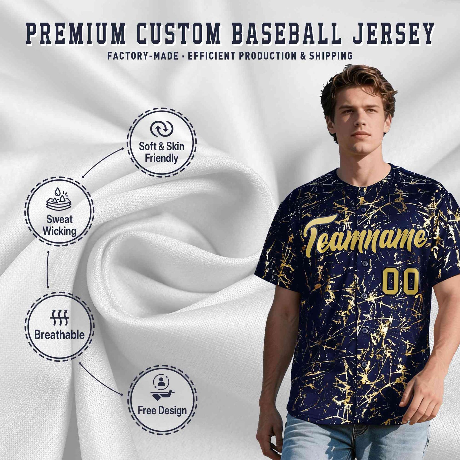 Custom Navy Old Gold Black&Shiny Gold Cracked Foil Hip Hop Button Down Baseball Jersey