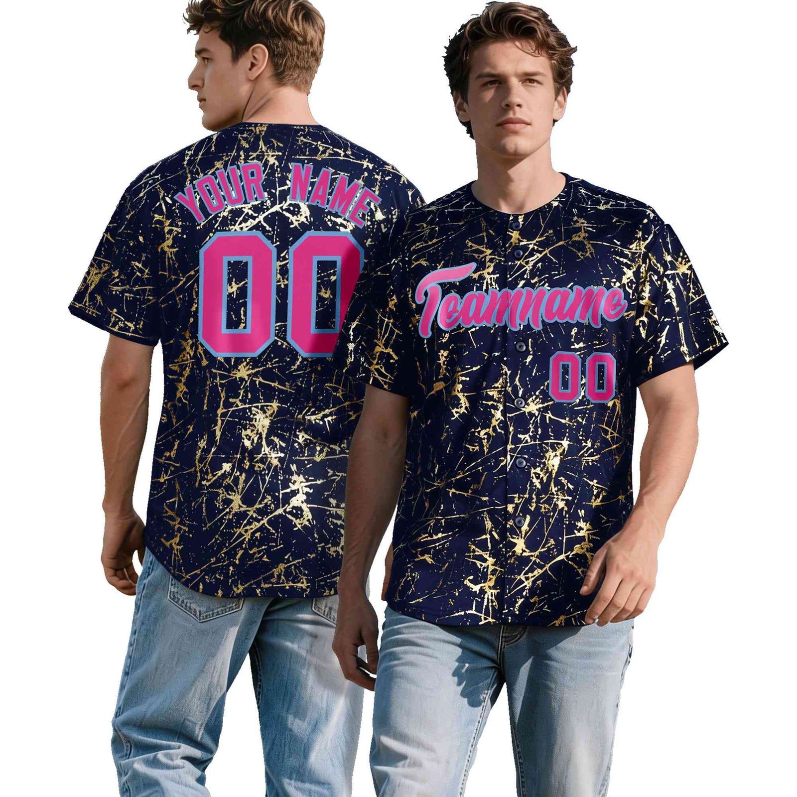 Custom Navy Rose Red Metallic Gold Splatter Breathable&Wrinkle-Resistant Baseball Jersey