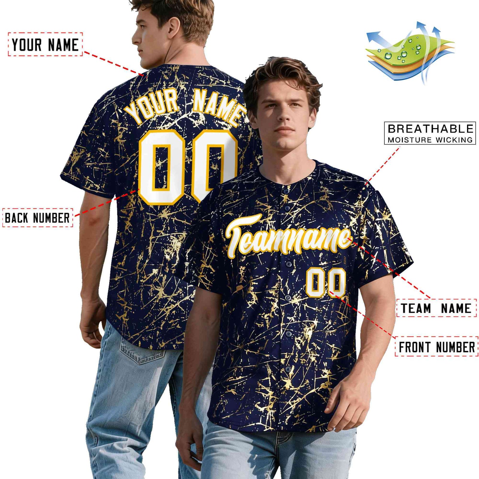 Custom Navy White Black&Shiny Gold Cracked Foil Breathable Mesh Streetwear Baseball Jersey