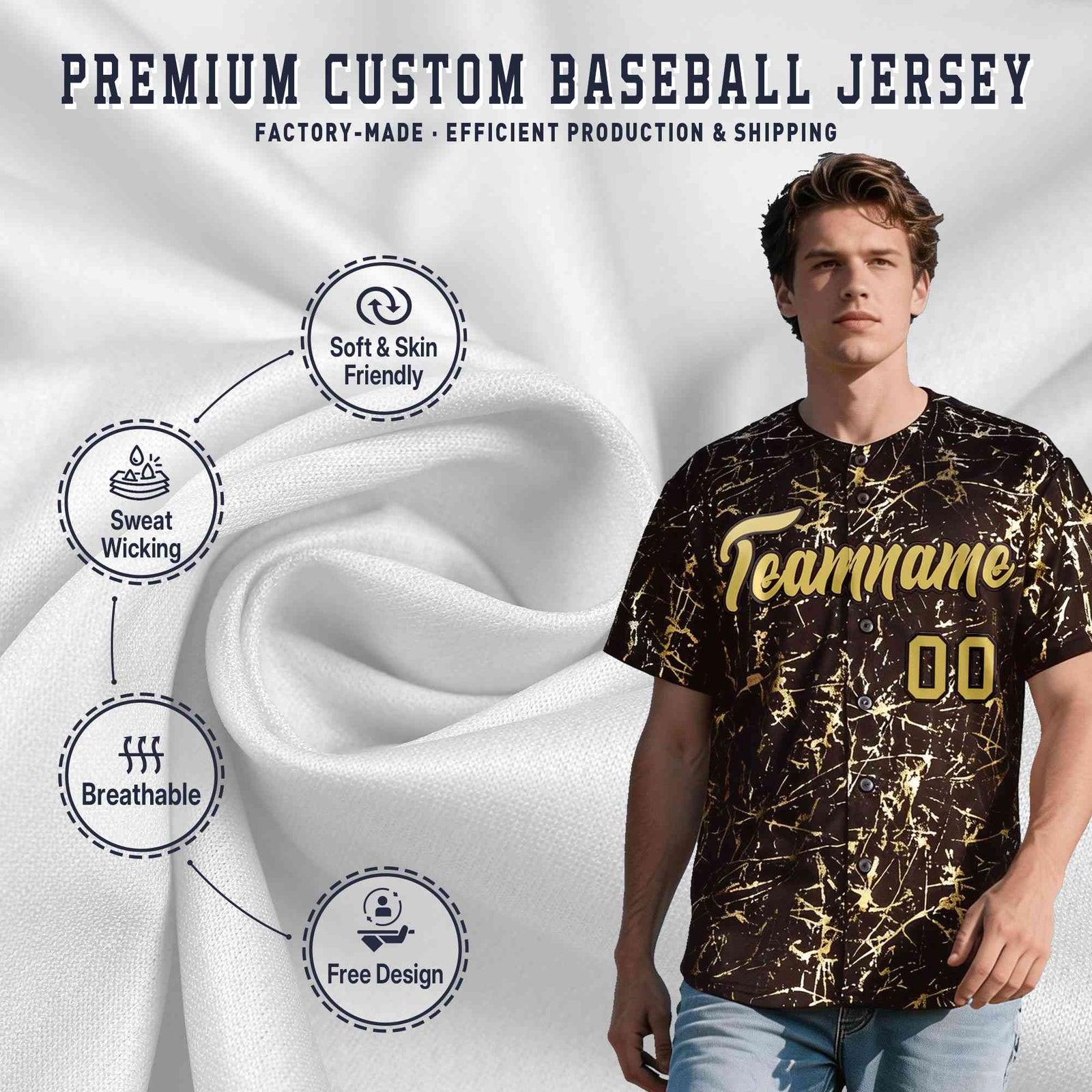 Custom Brown Old Gold Black&Shiny Gold Cracked Foil Hip Hop Button Down Baseball Jersey