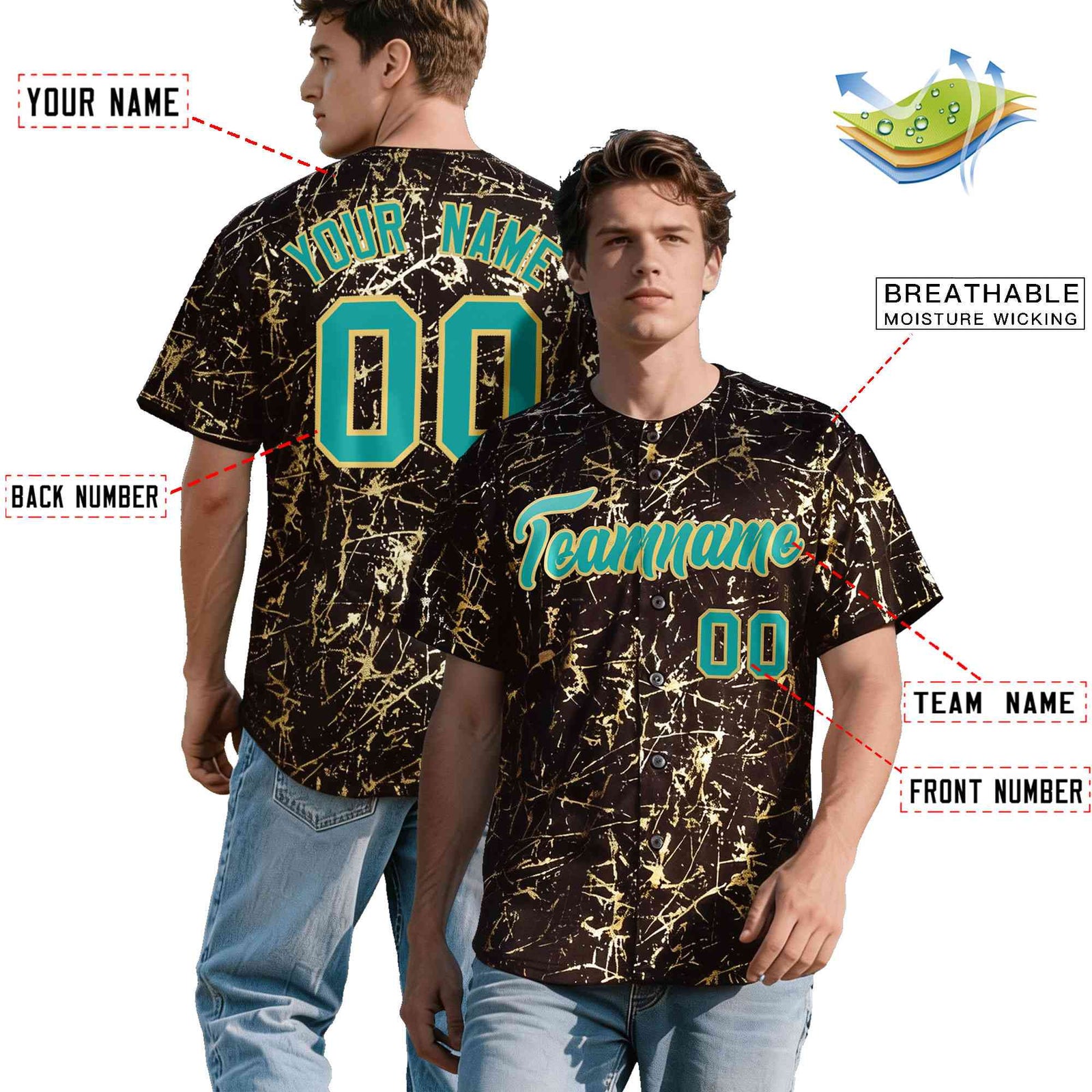 Custom Brown Aqua Metallic Gold Splatter Breathable&Wrinkle-Resistant Baseball Jersey